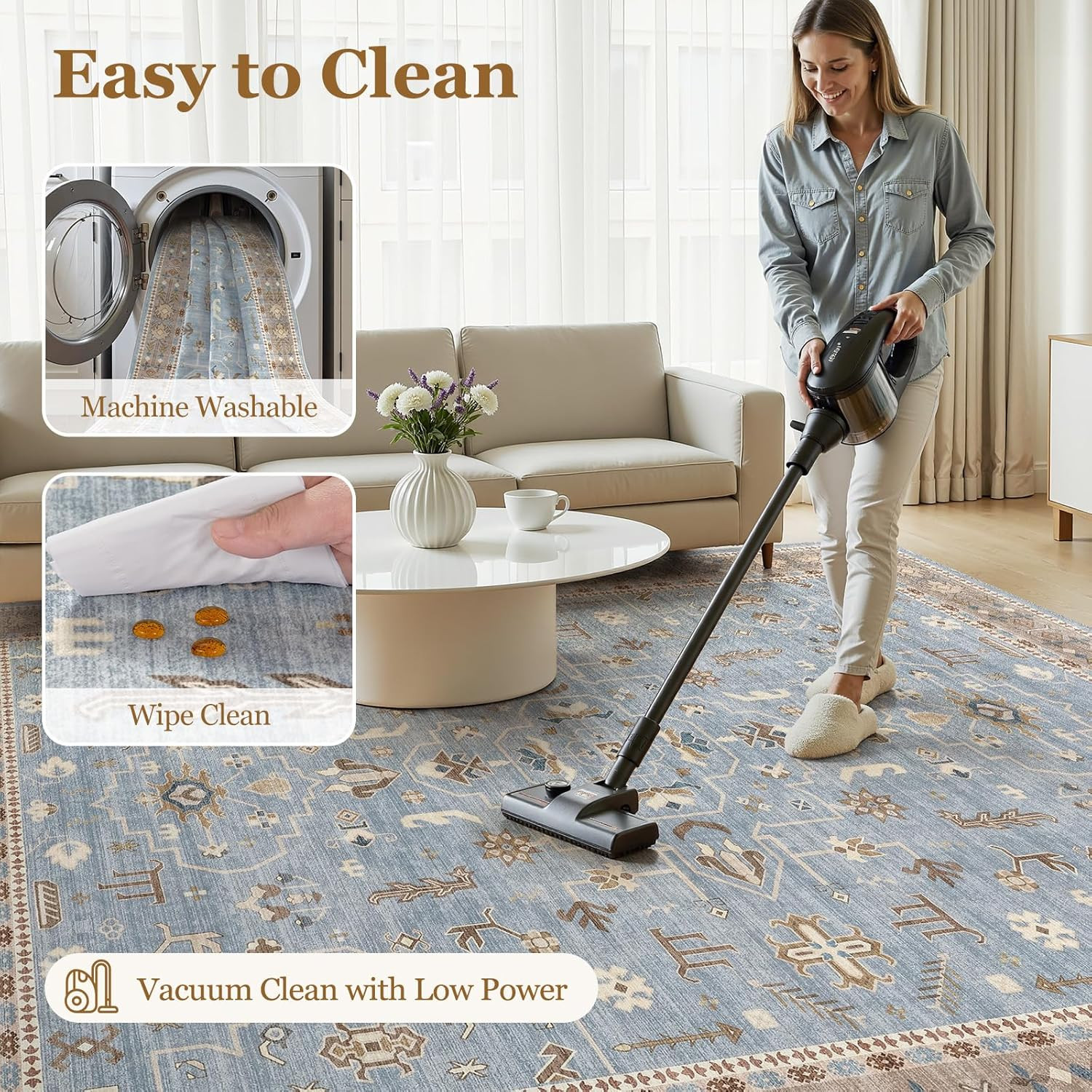 Vintage Blue & Brown 9×12 Area Rug – Washable Non-Slip Soft Carpet