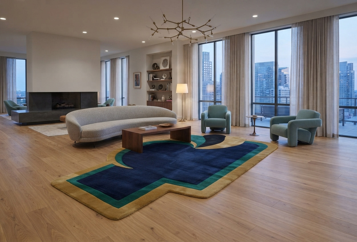 Hand Tufted Irregular Abstract Area Rug Navy Blue Teal Gold Modern Carpet
