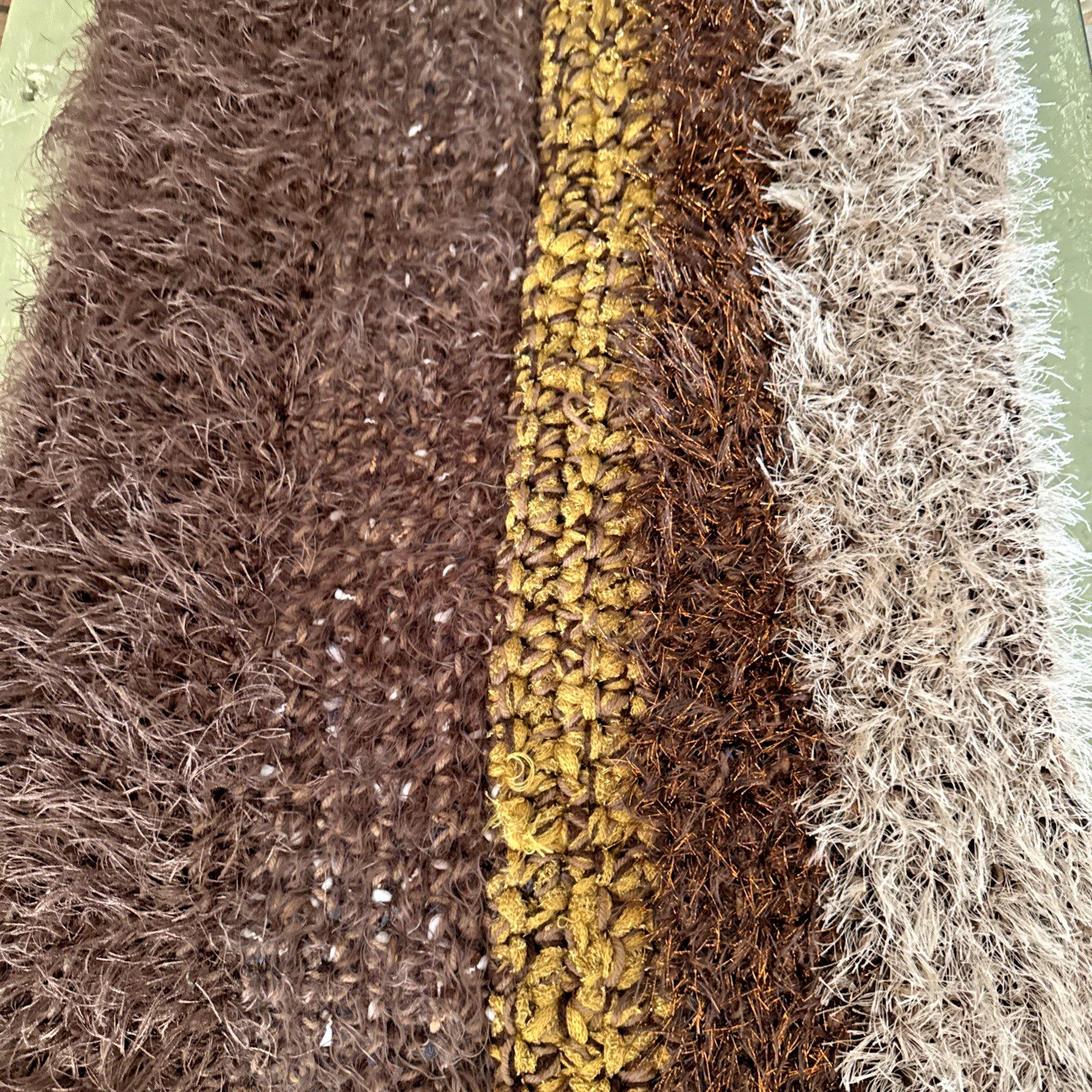 Rag Rug Crocheted Handmade Boho Cottagecore Bronze Gold Vintage Fuzzy