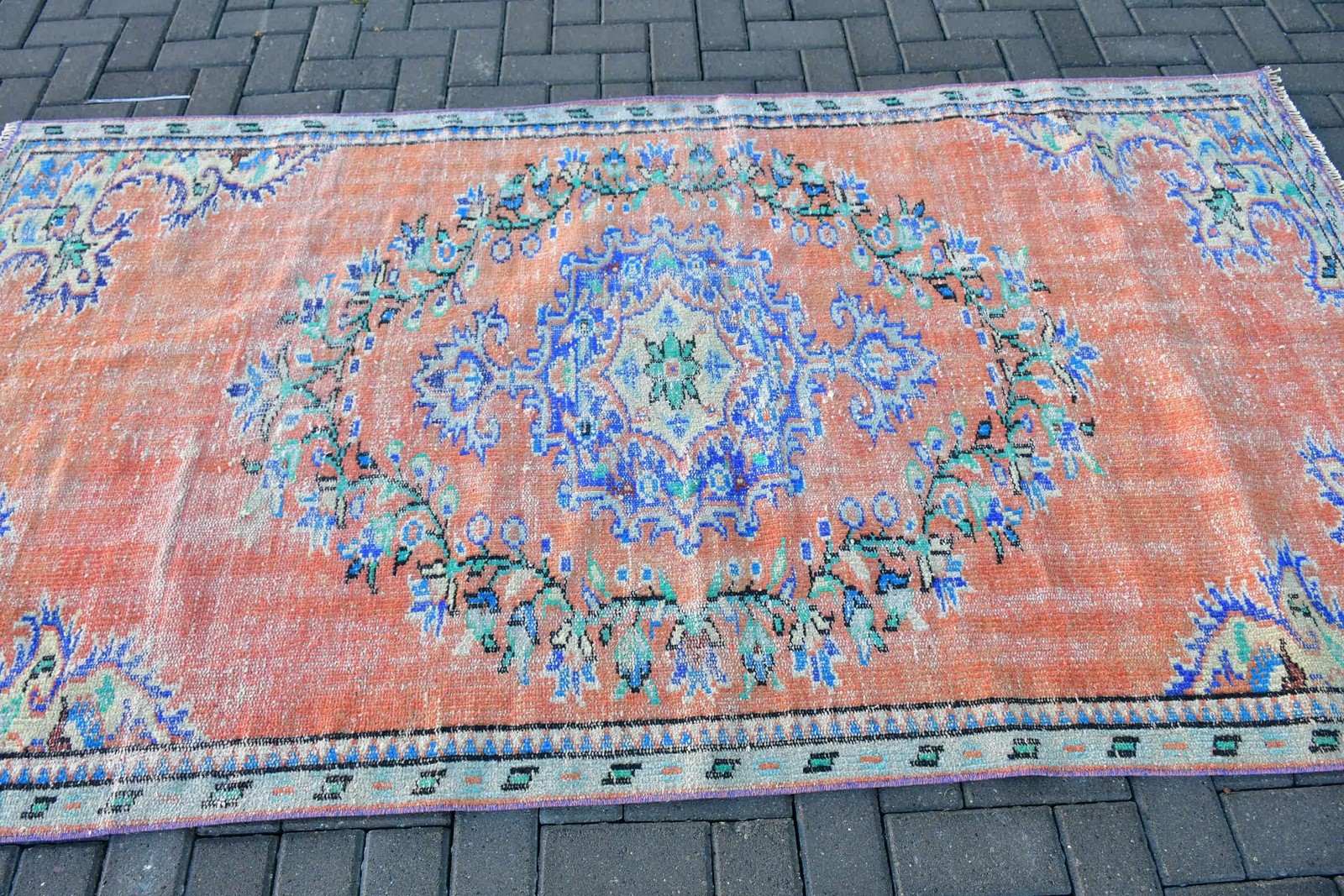 Vintage Rug, 4,4×8 ft Area Rug, Red Bordered Wool Turkish Rug