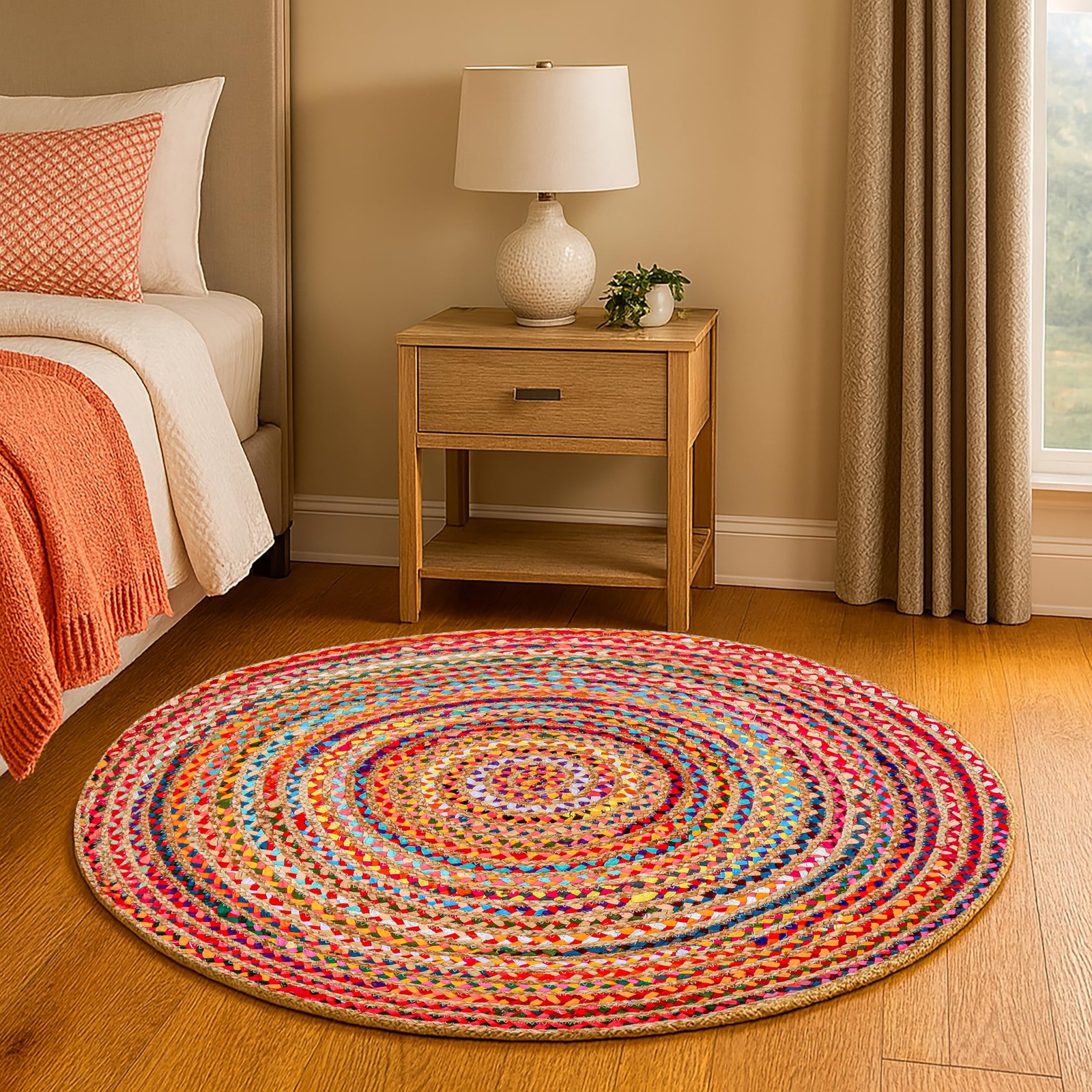 Hausattire Boho Braided Round Rug – Multi Color, 4 ft 4′ (Round), Color