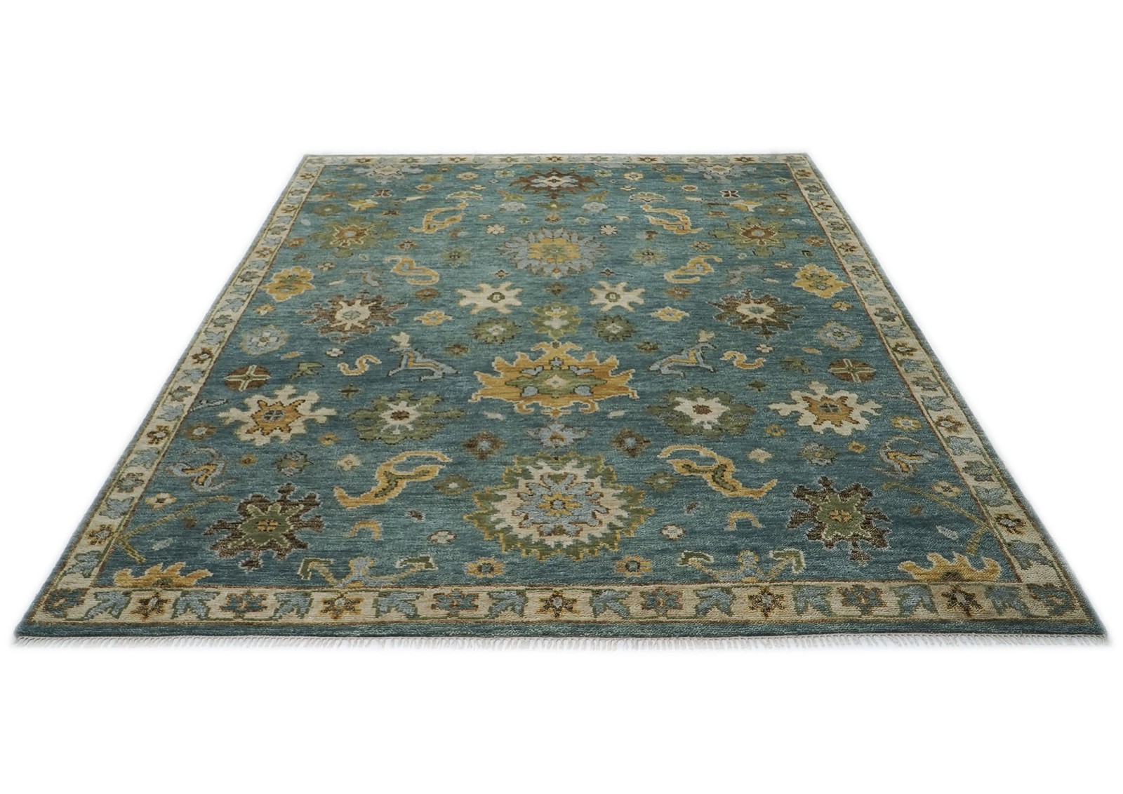 8’11”x12’2” Hand Knotted Wool Celadon, Lime Oushak Arts & Crafts Rug