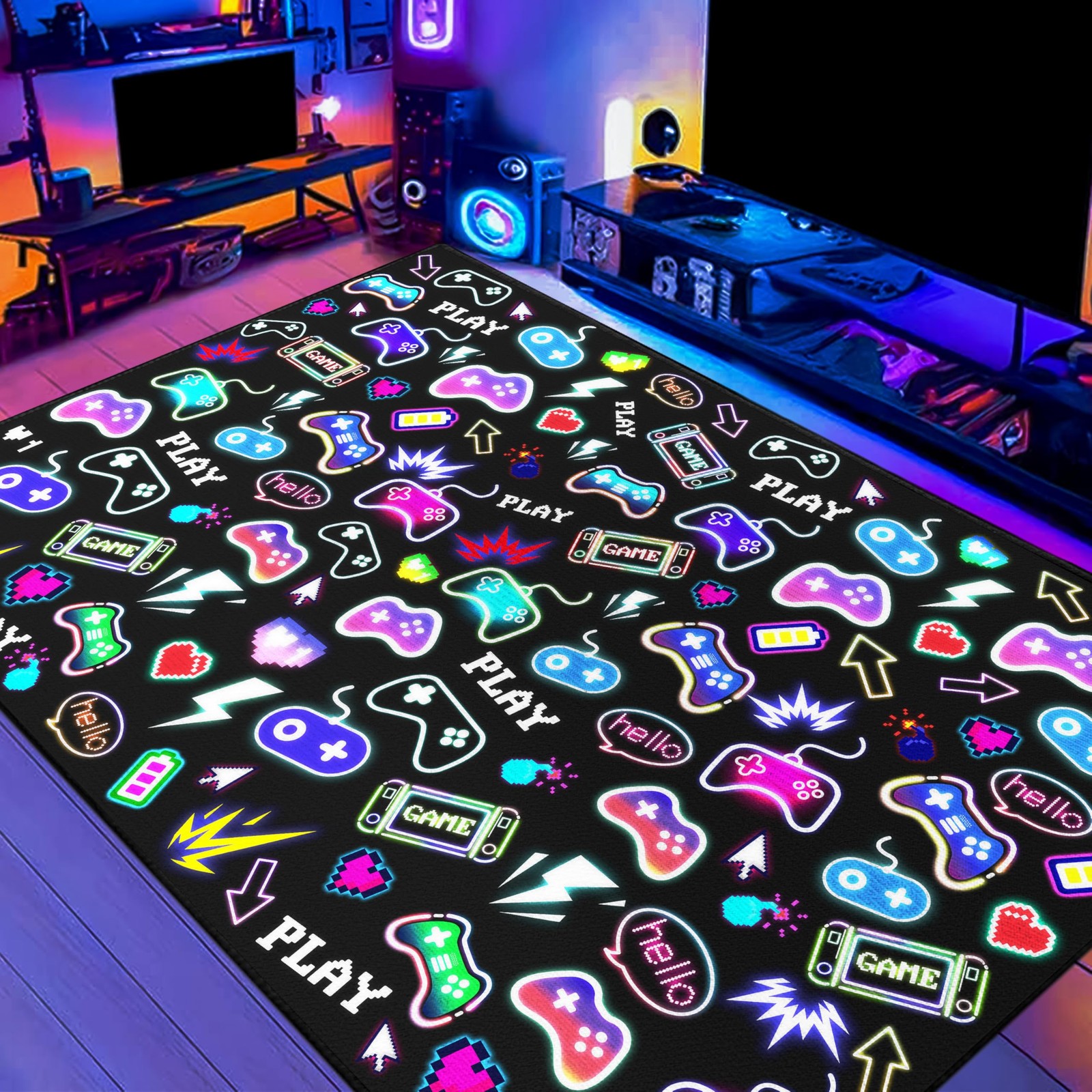 Black Game Controller Gamepad Playroom Bedroom Gaming Play Rug Washable 59×39