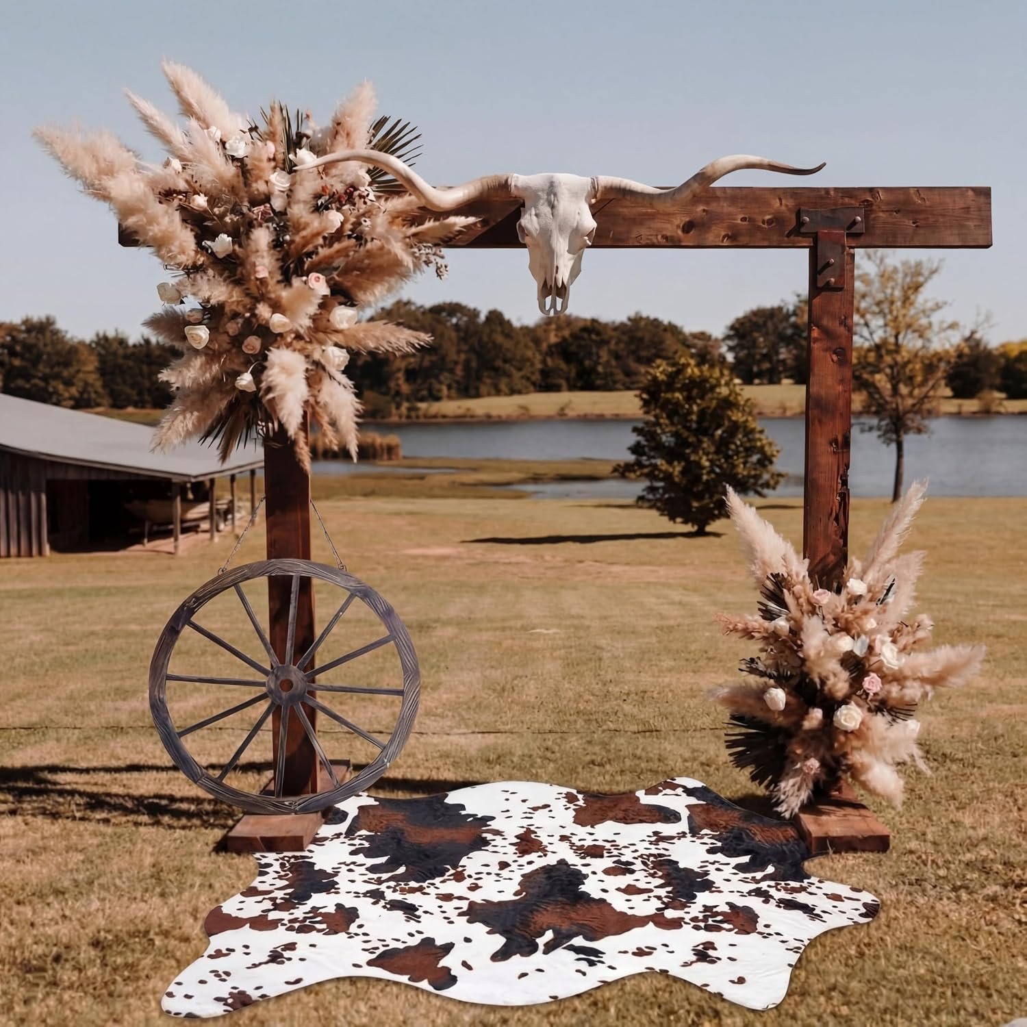 Western Cowboy Party Decorations Cow Print Cowhide Rug Wooden Wagon Wheel Vintag