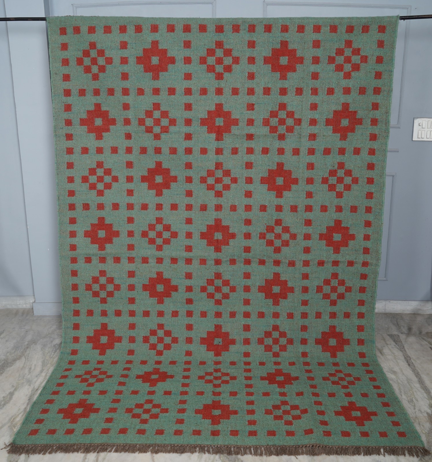 Handwoven Rug, Geometric Jute Rug Living Room – Bedroom Rug Sage Green & Red