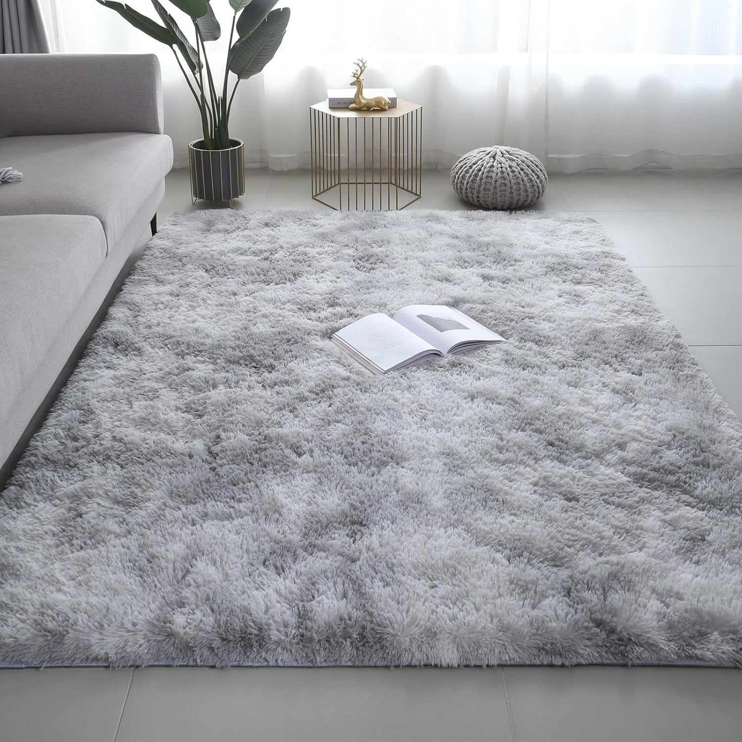 Shag Area Rug 4×6 Ultra Soft Fluffy Tie-Dye Grey Non-Slip Bedroom Living Room