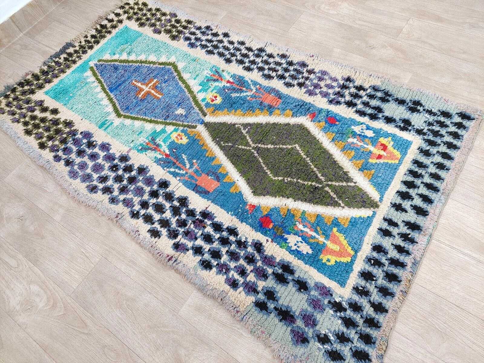 Unique Vintage Blue Abstract Geometric Area Rug 3×6 Moroccan Handmade Cotton Rug