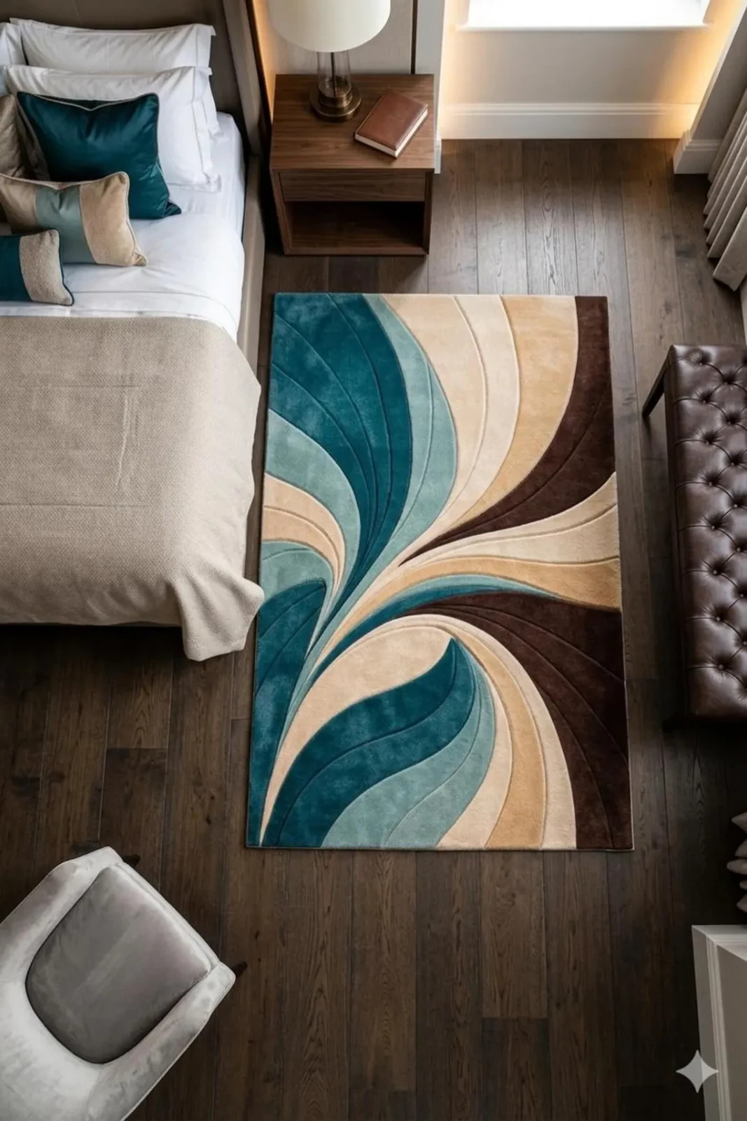 Luxury Hand Tufted Wool Rug Teal Blue Beige Brown Wave Swirl Carved Area Carpet