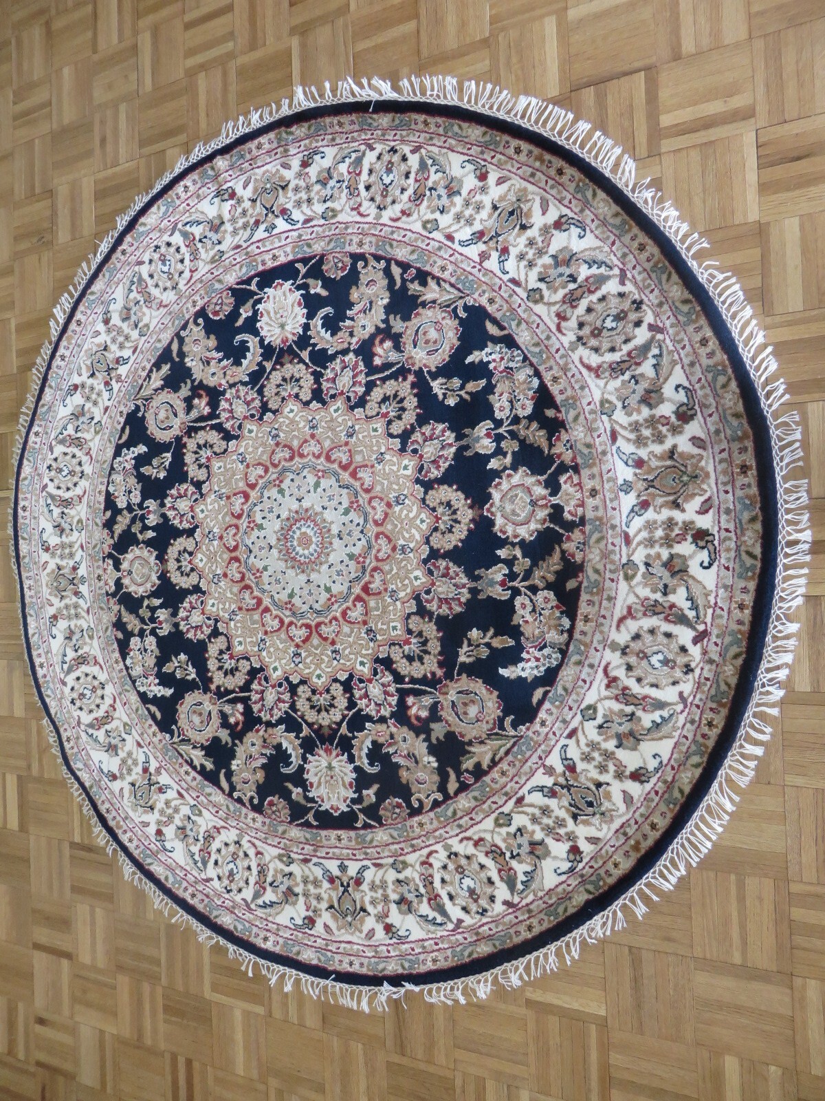 6 x 6 Round Hand Knotted Navy Blue Nain With Silk Oriental Rug G14106