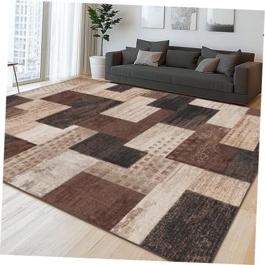 Modern Geometric Patchwork Indoor Area Rug for Living Room 5 X 7 Feet Chocolate