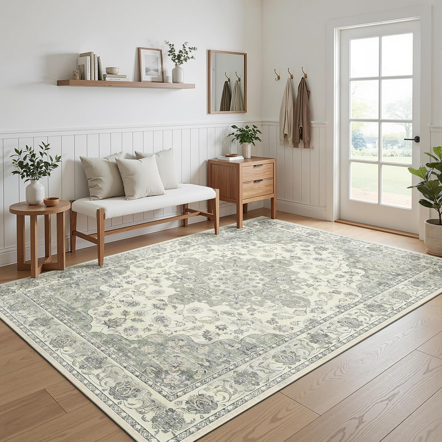 5X7 Non-Slip Washable Livingroom Vintage Area Rug, Sage Green | Water Resistant,