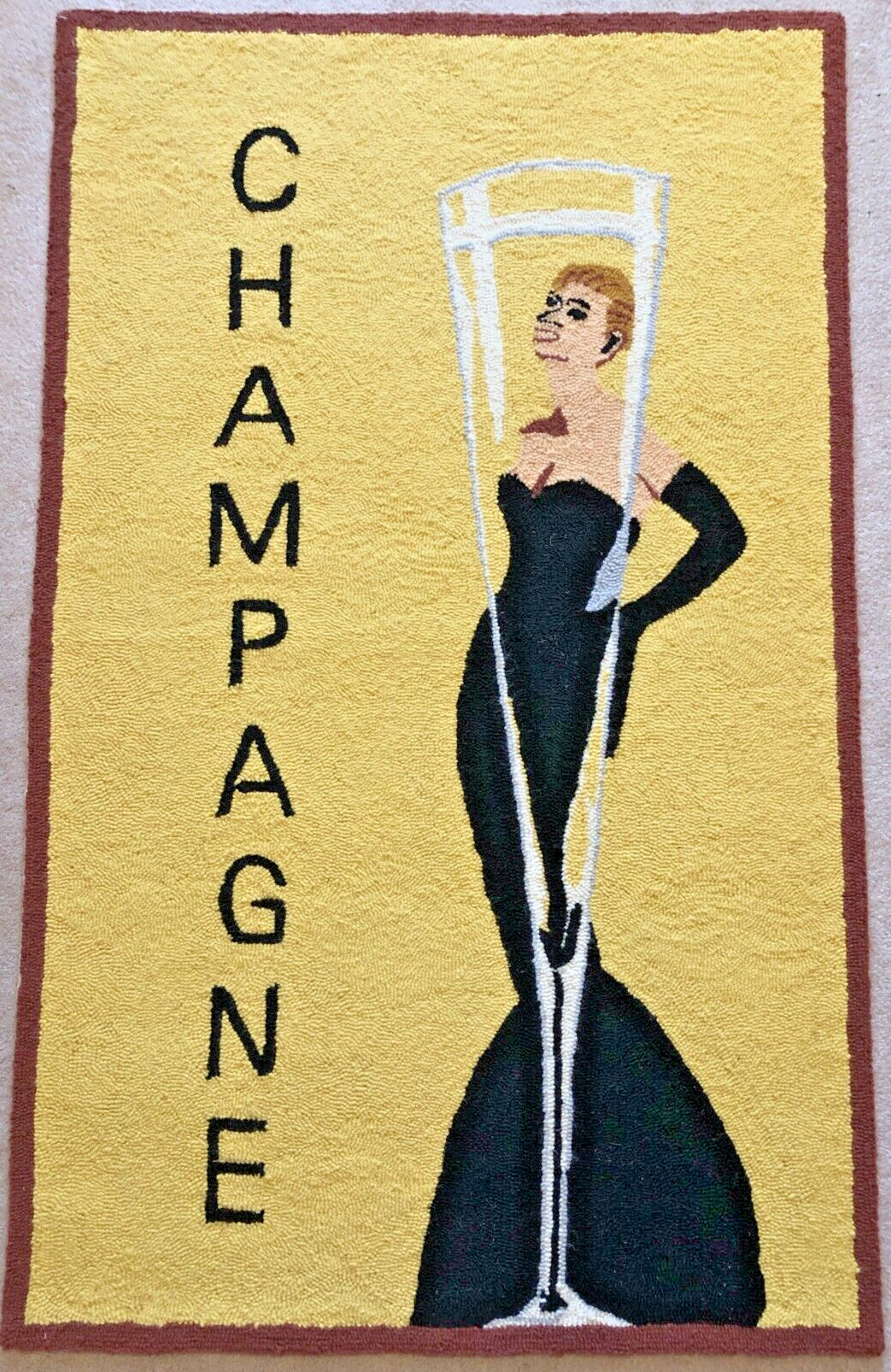 Accent Rug ~ CHAMPAGNE LADY art deco ~ 30 x 48″ hand-hooked ~ NEW vintage feel