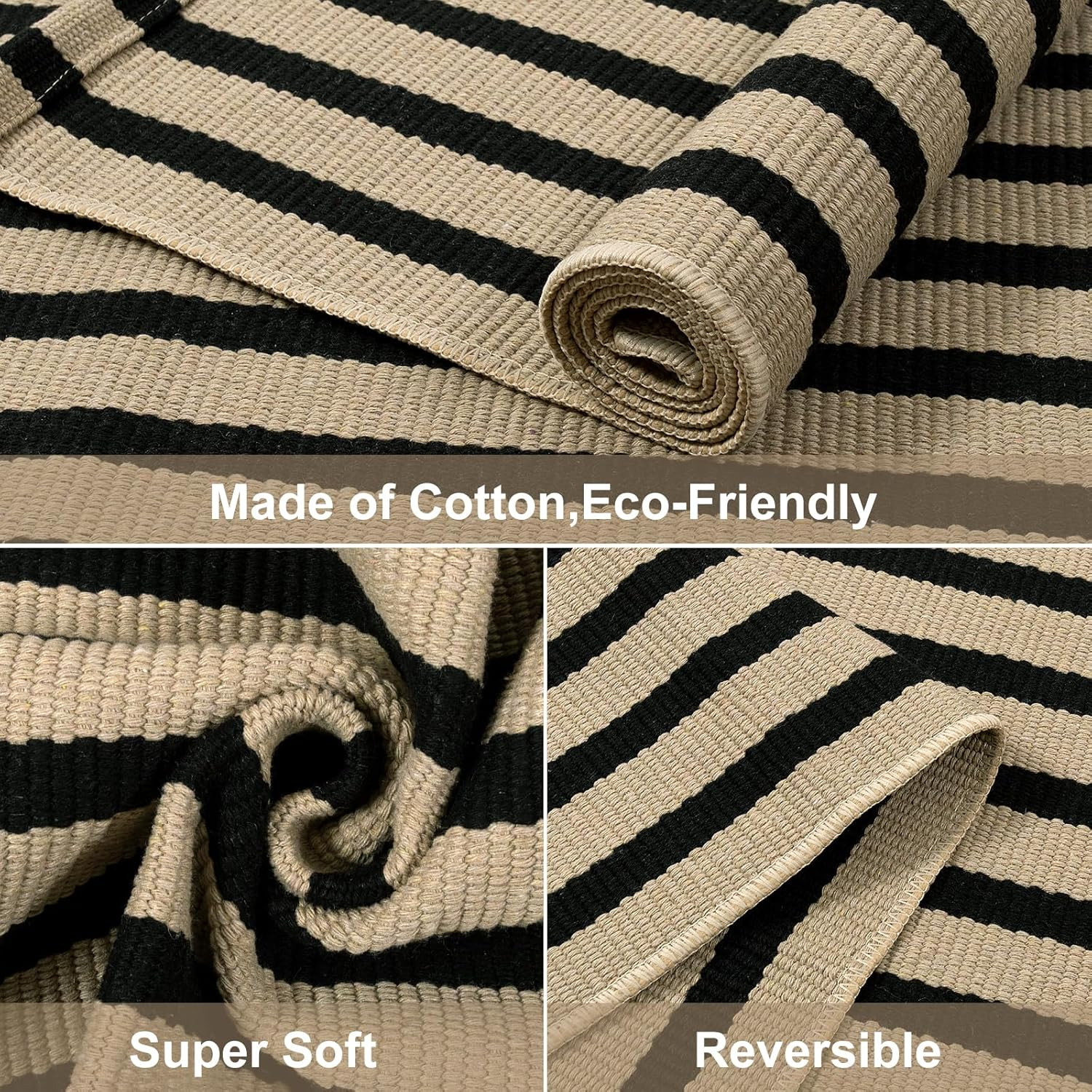 Black and Tan Striped Outdoor Rug, 2 x 3 Small Cotton Front Porch Rug Washable F