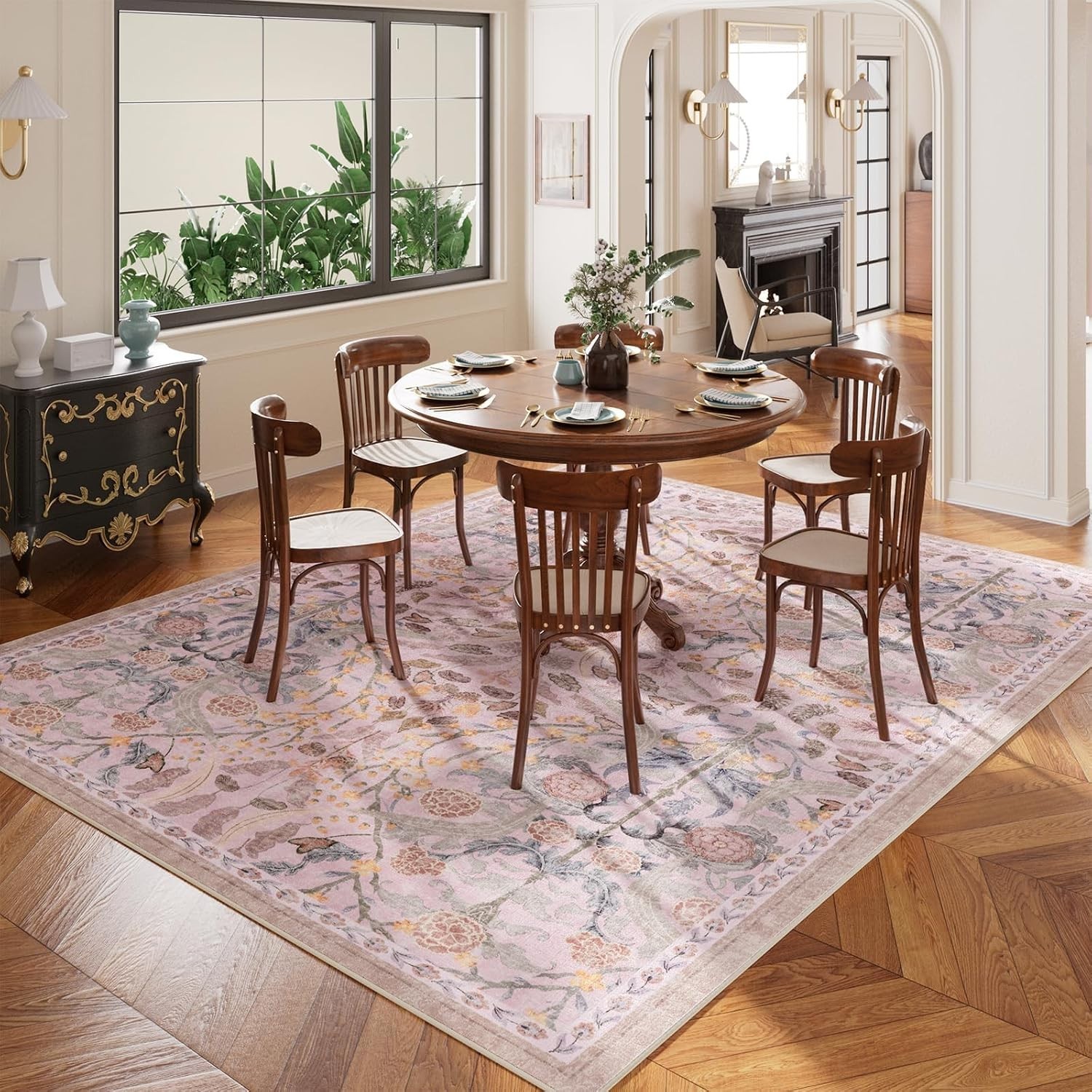 Pale Pink Rug for Girls Room, 5×7 Floral Washable Area Rug Non Slip, Boho Low…