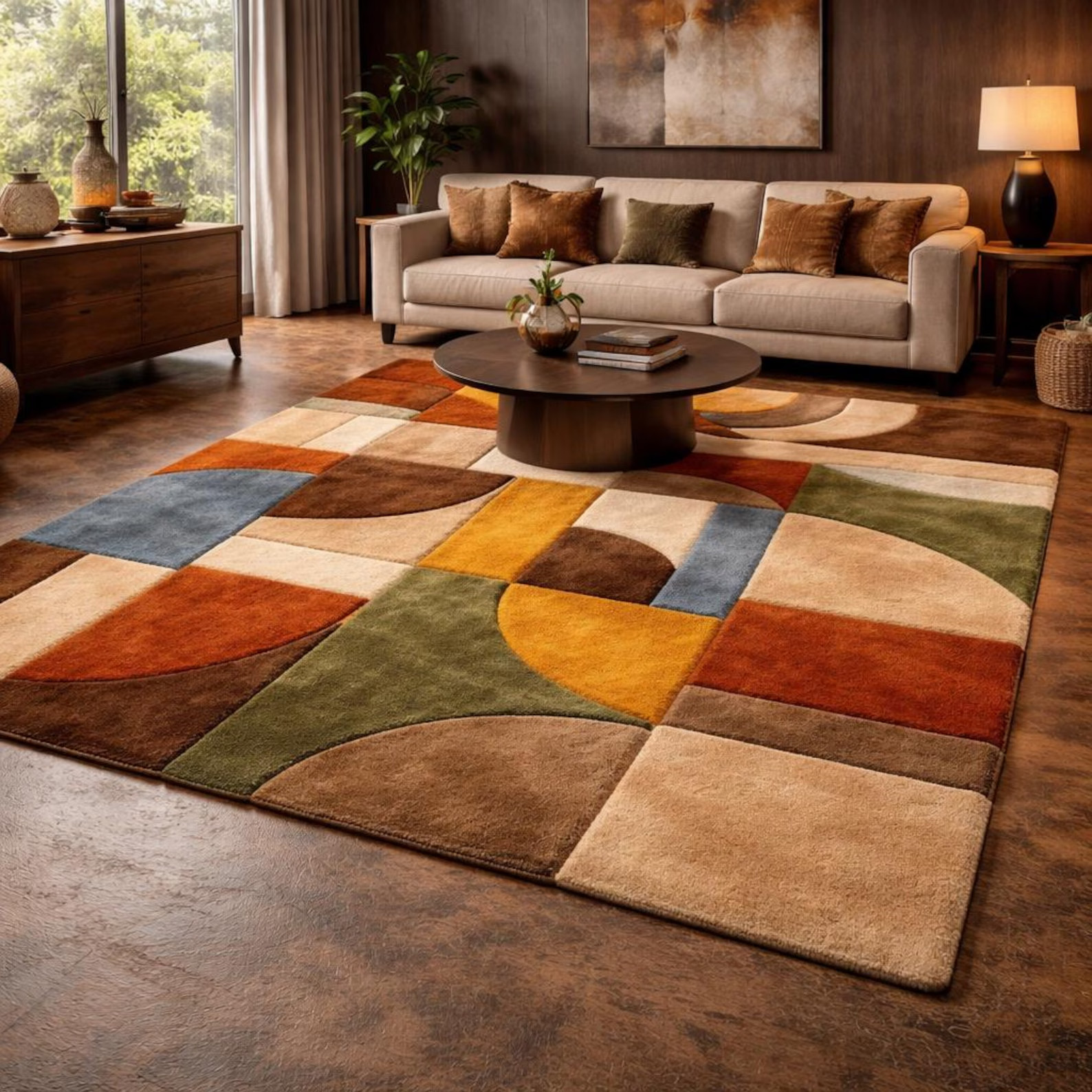 Hand Tufted Geometric Wool Rug Multicolor Earth Tone Modern Area Rug Carpet.