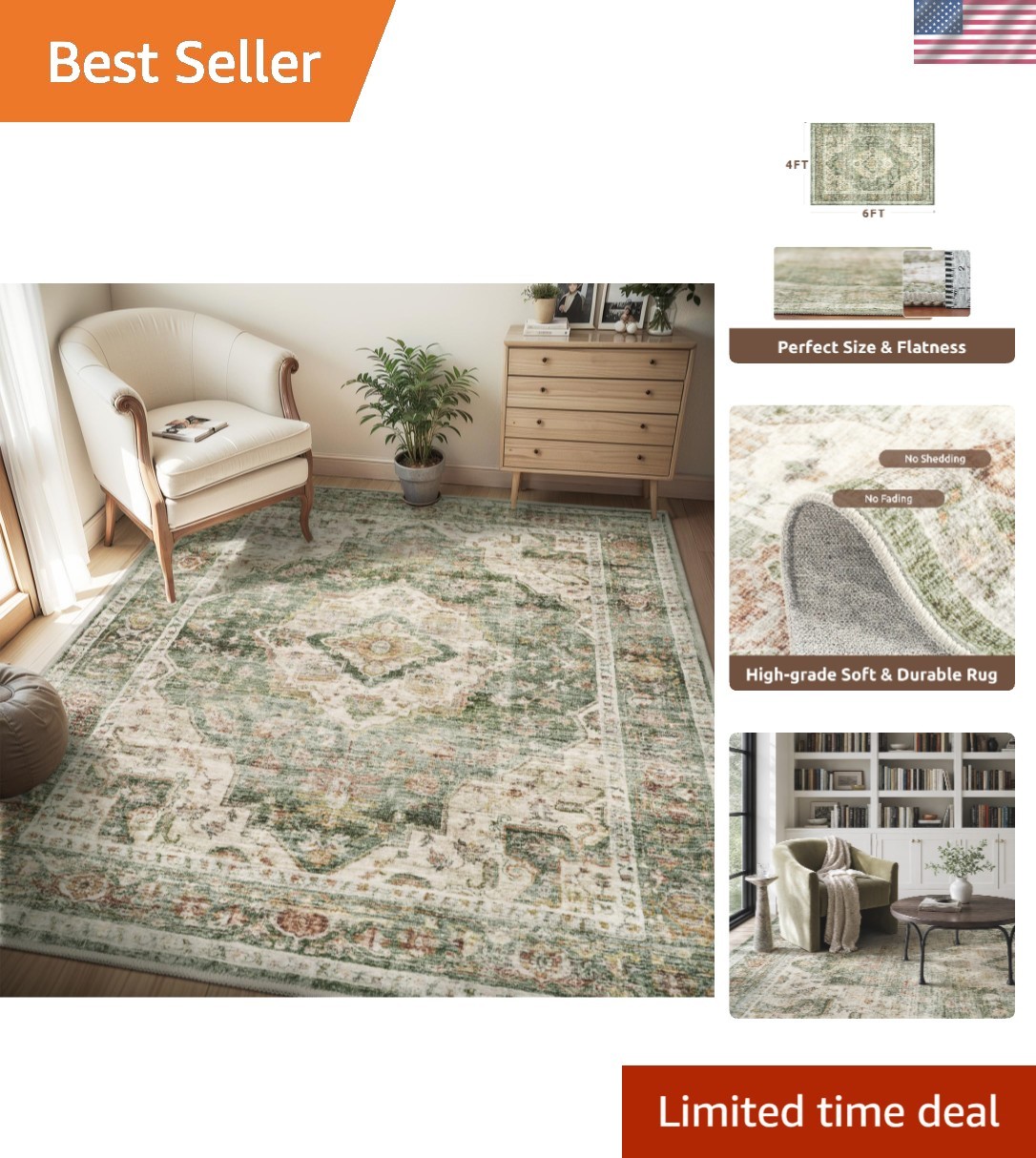 Durable Non-Slip 4′ x 6′ Floral Area Rug – Washable & Cozy Living Room Essential