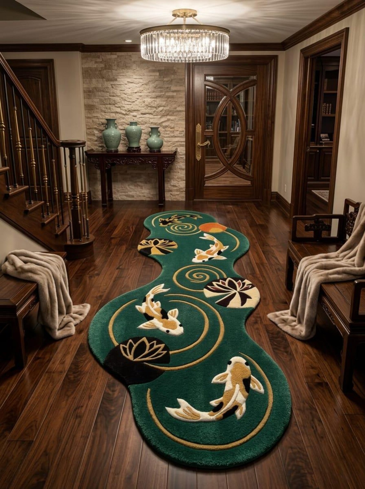 Hand Tufted Wool Koi Fish Runner Rug – Japanese Pond Home Decor Carpet
