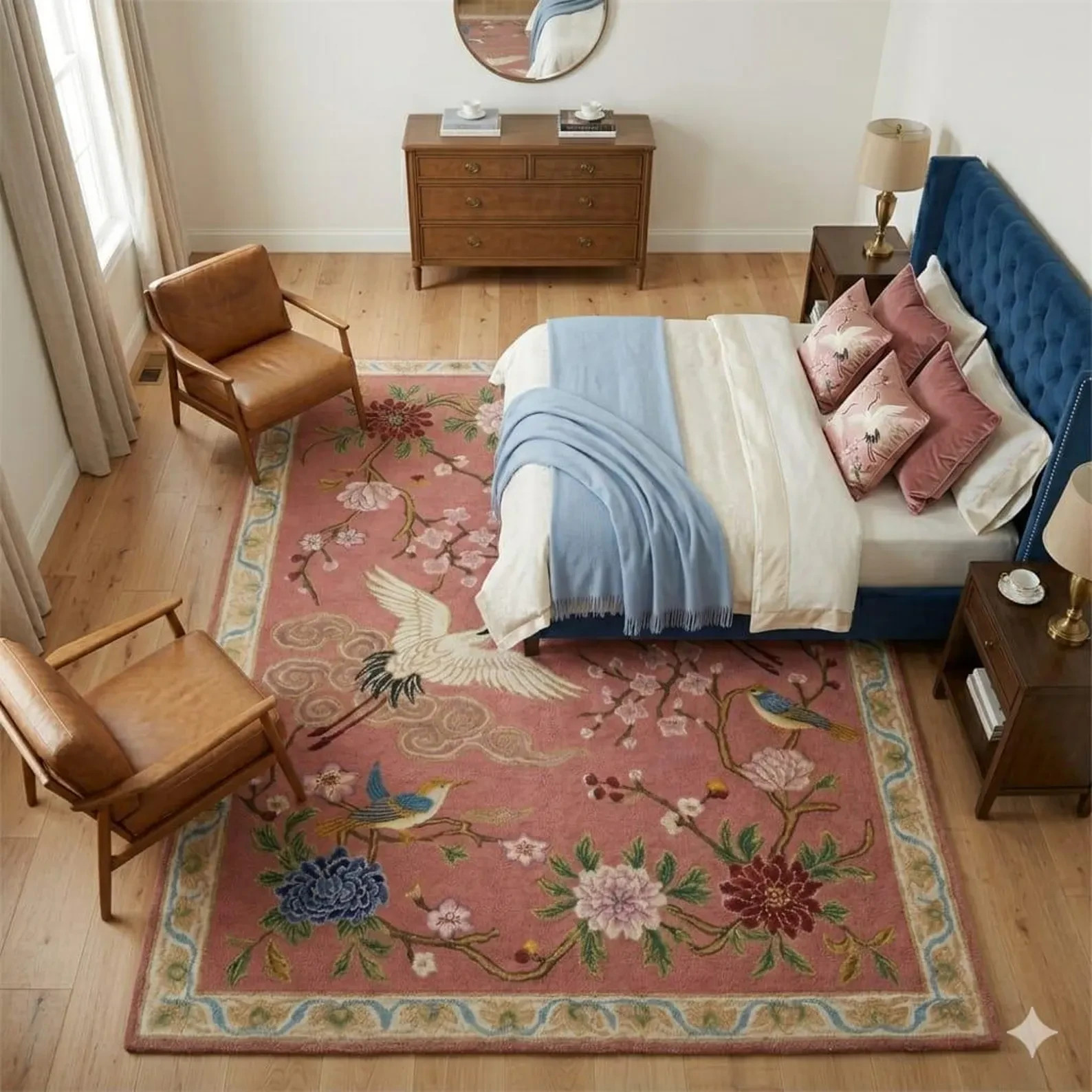 Pink Crane hand Tufted Rug, Chinoiserie Area Rug, Handmade Floral Bird Rug,