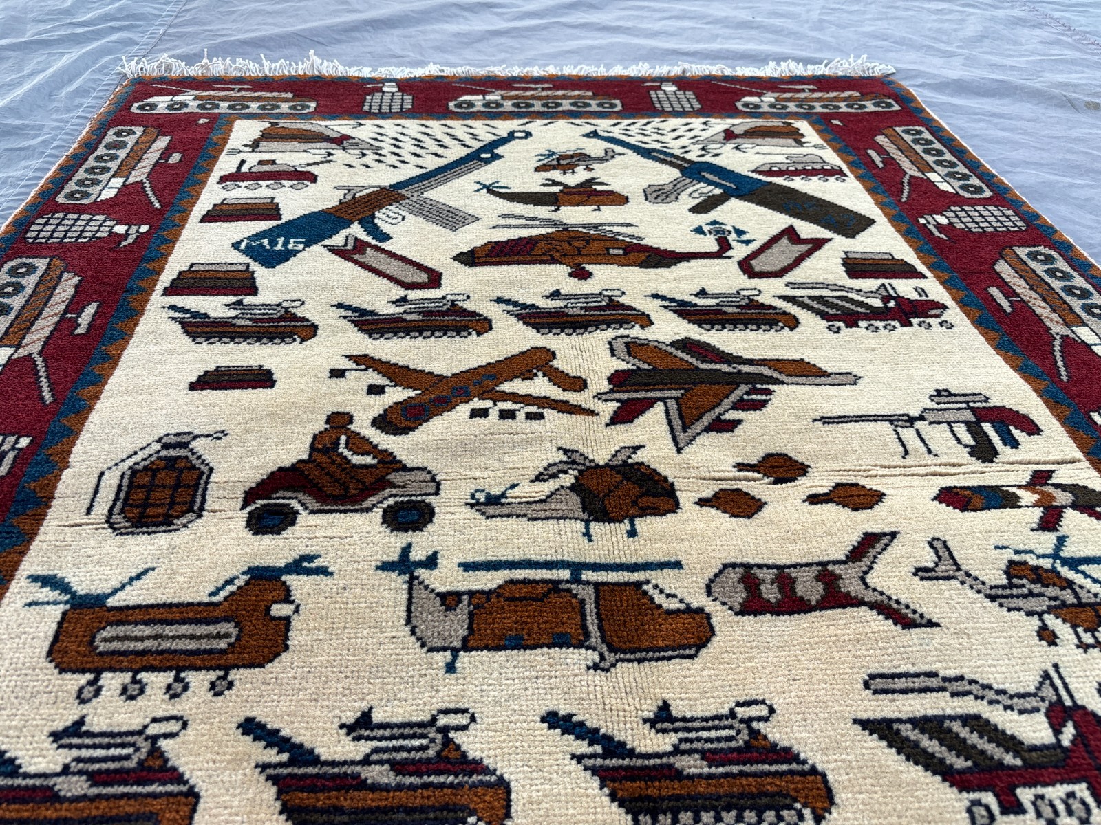 4×5 Afghan Hand-Knotted War Rug – Military Vehicles, Aircraft Weapons Office Rug
