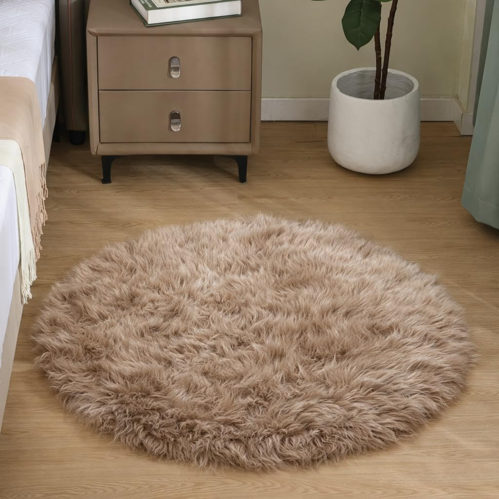 Beige Circle Faux Fur Rug 3ft Fuzzy Furry Small Round Sheepskin Rug for Bedroom