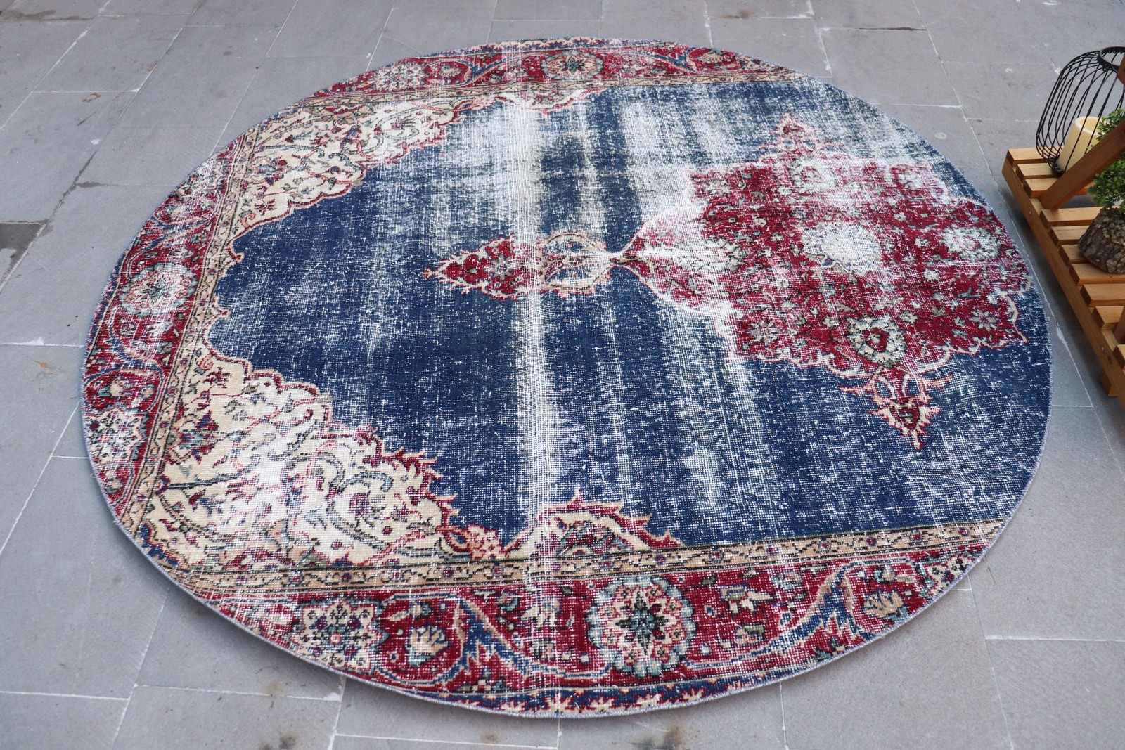 Vintage Turkish Rug Rug 6,1×6,1 ft, Blue Round Plants & trees Wool Rug