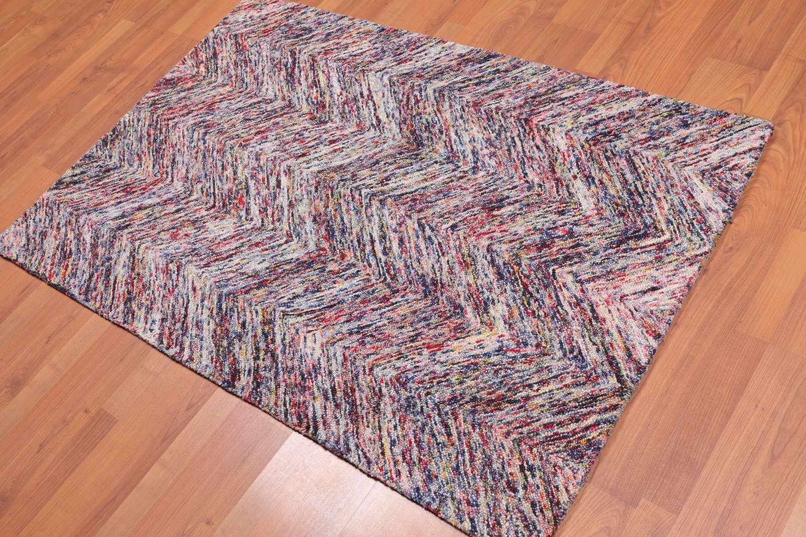3’4″ x 5′ Handmade Zig Zag Medley Wool Loop Pile Area Rug Contemporary Multi