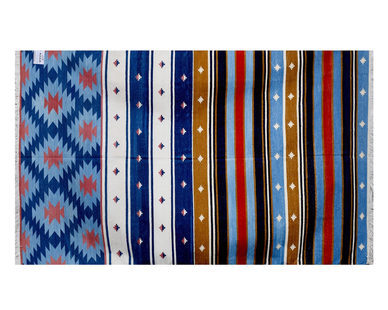 Blue Multicolor Handwoven Cotton Area Rug 4×6.4 Ft Southwestern Flat Weave Rug