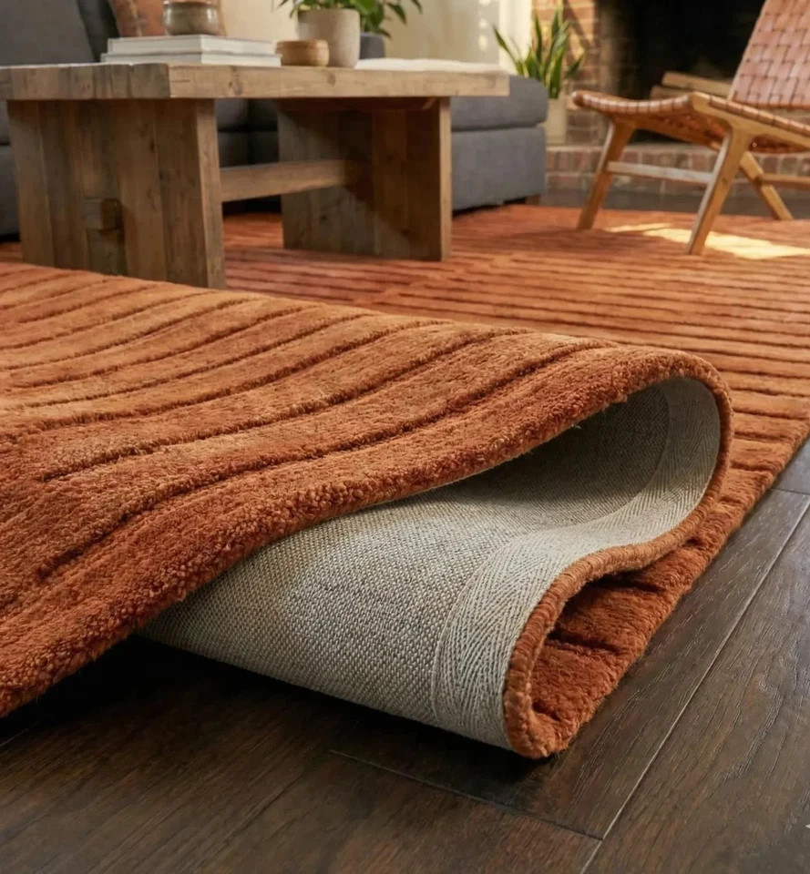 Burnt Orange Hand Tufted Wool Rug | Modern Rust Area Rug | Textured Minimalist