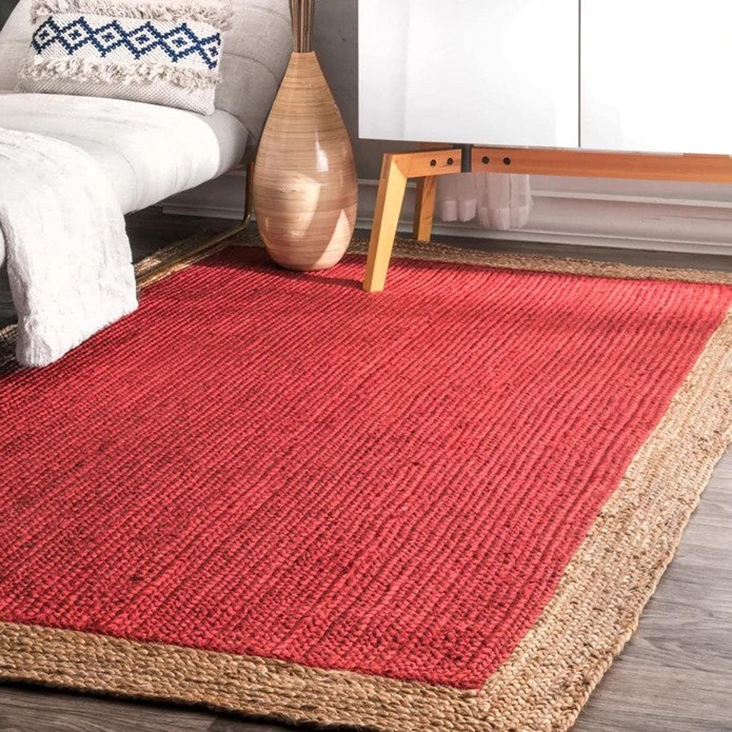 Handmade Red Jute Area Rug with Natural Border Eco-Friendly Braided Carpet rug