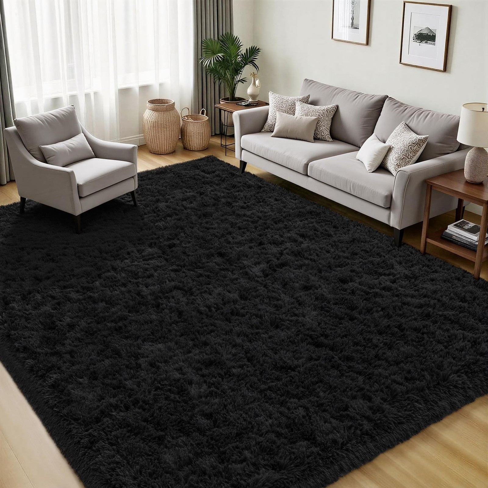 New Area Rug for Living Room Bedroom 5×7 Black Soft Fluffy Shag Upgrade Non-Slip