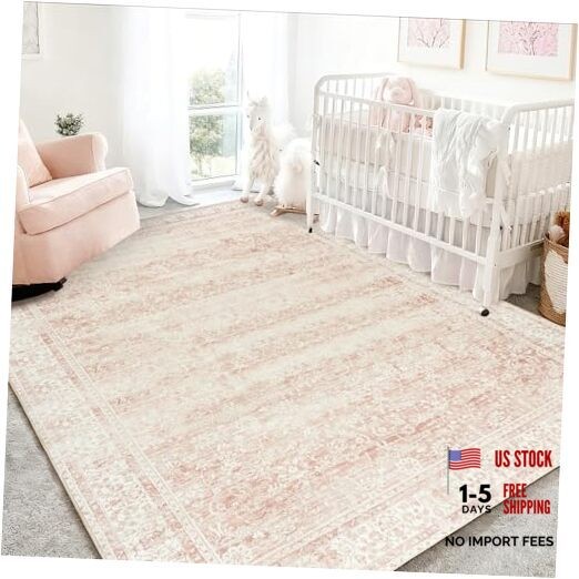 Pink Nursery Rug for Baby Girl 5 x 7 Neutral Blush Pink Boho Cute Floral