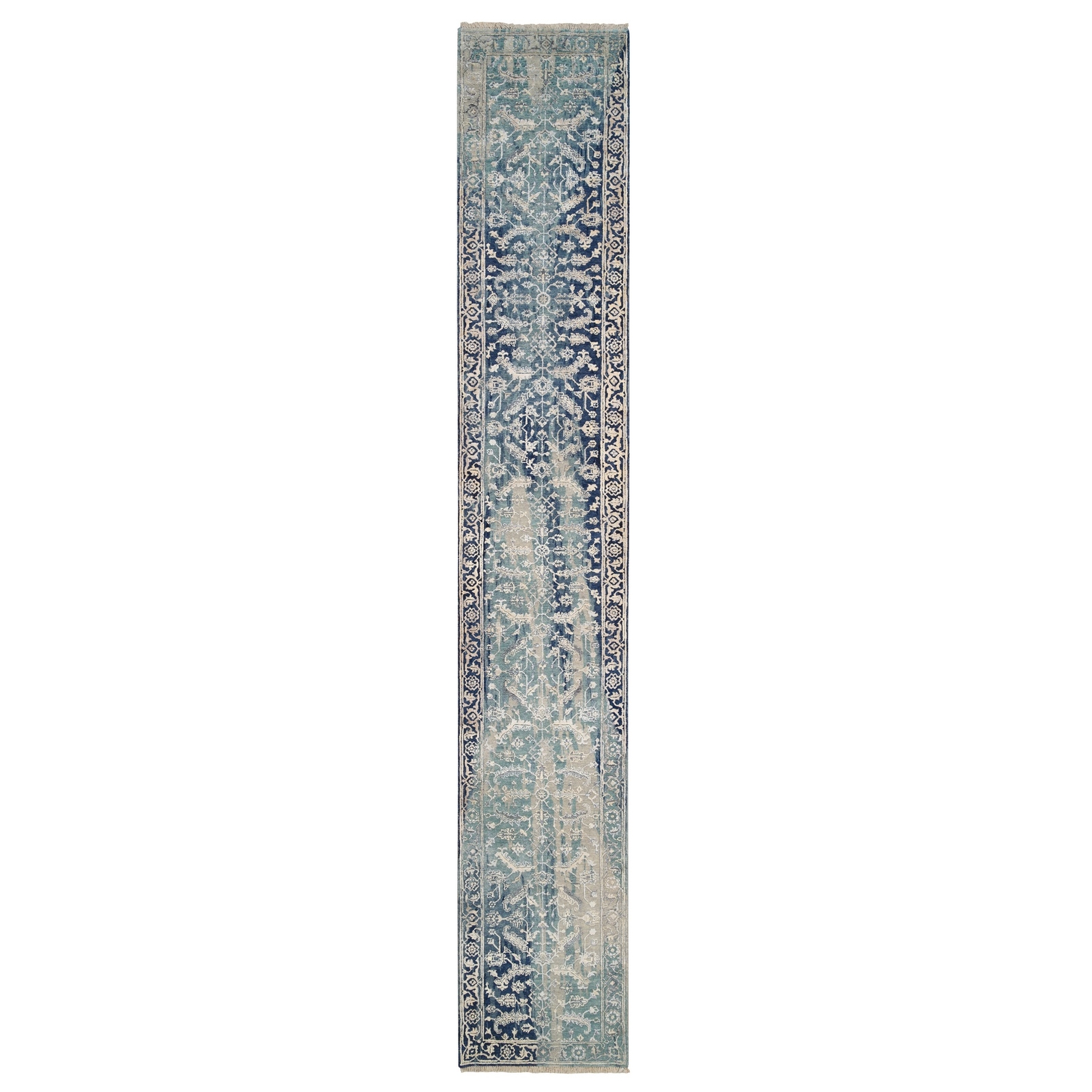 2’7″x15’9″ Blue-Teal Erased Wool And Silk Heris Hand Knotted Runner Rug R64367