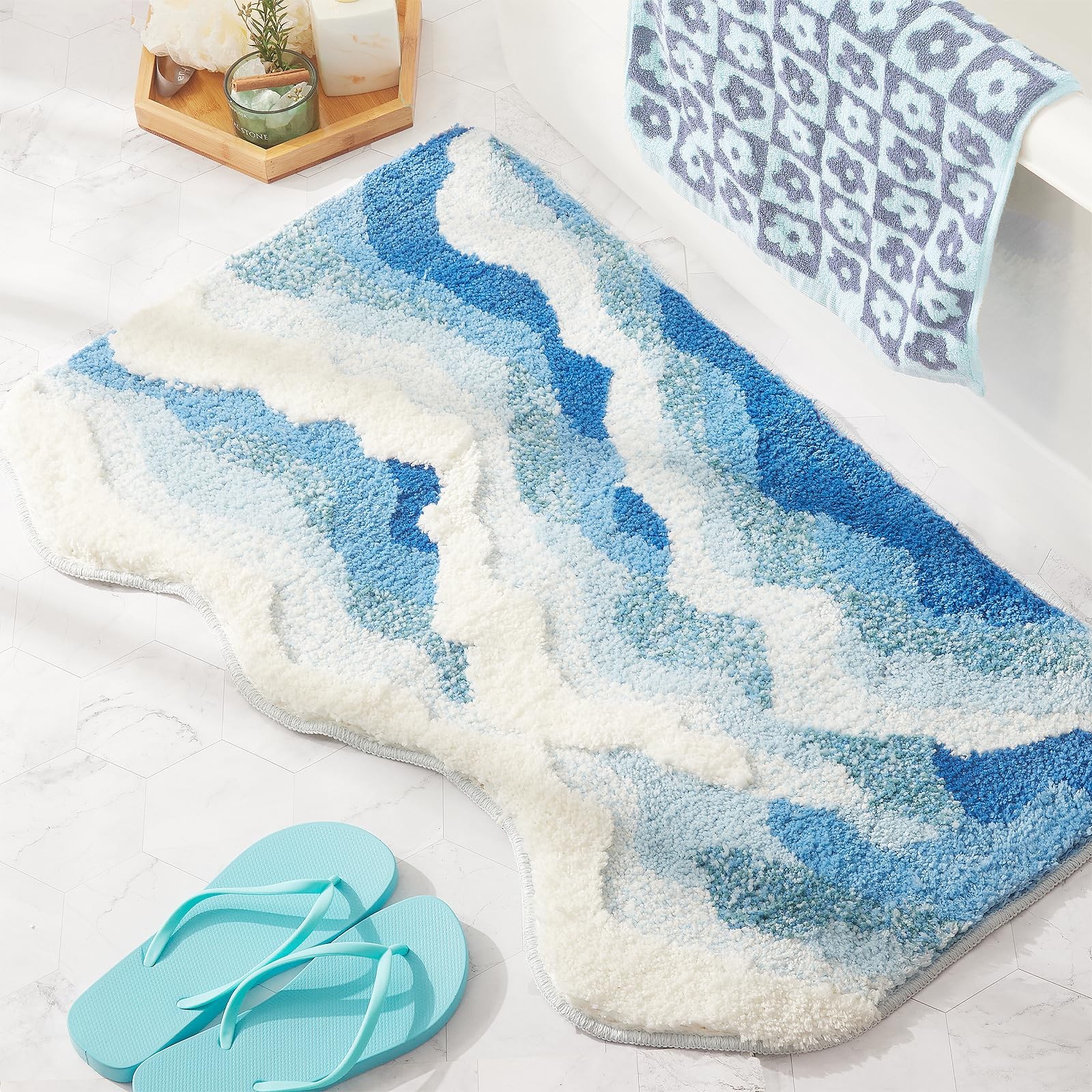 Blue Ocean Wave Bath Mat, Cute Funky Bathroom Rugs for Coastal Beach Nautical…