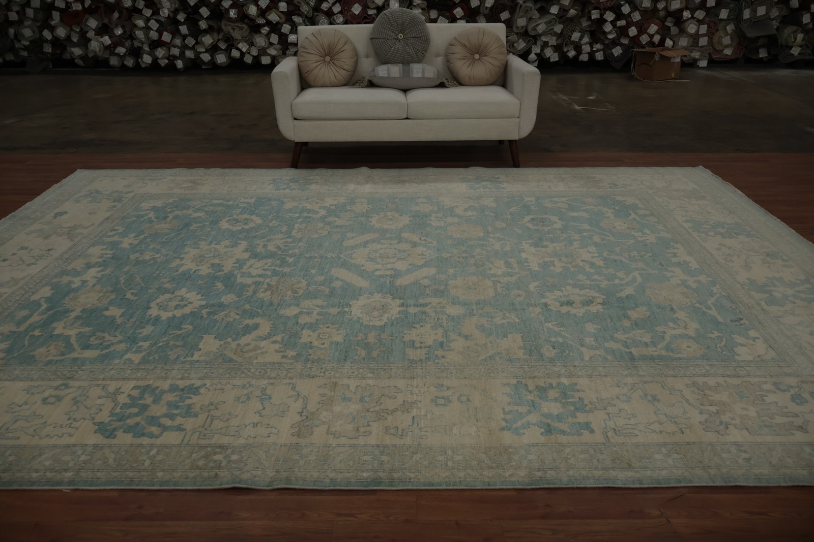 Elegant Oushak Handmade Area Rug 10×13 with Ornate Floral in Soft Blue Hues Rug