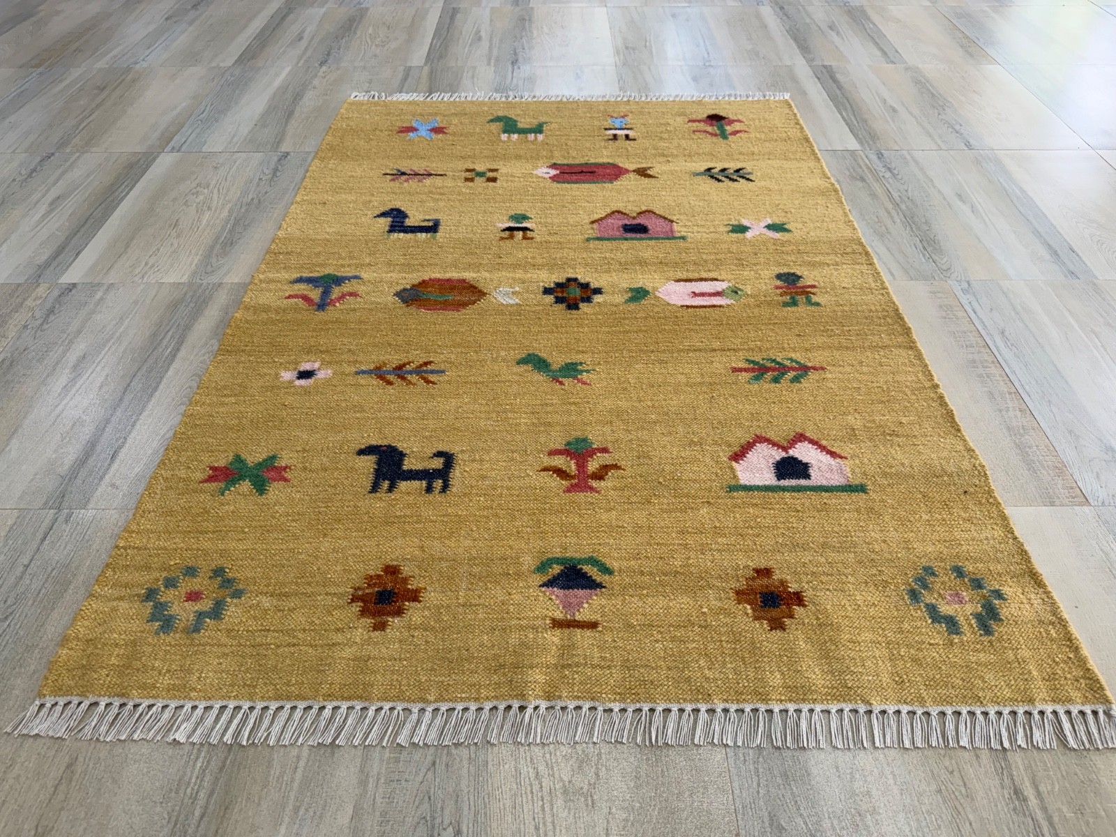 Hand Woven Wool Area Rug 4×6 Mustard Tribal Folk Art Scandinavian Kilim for Kids