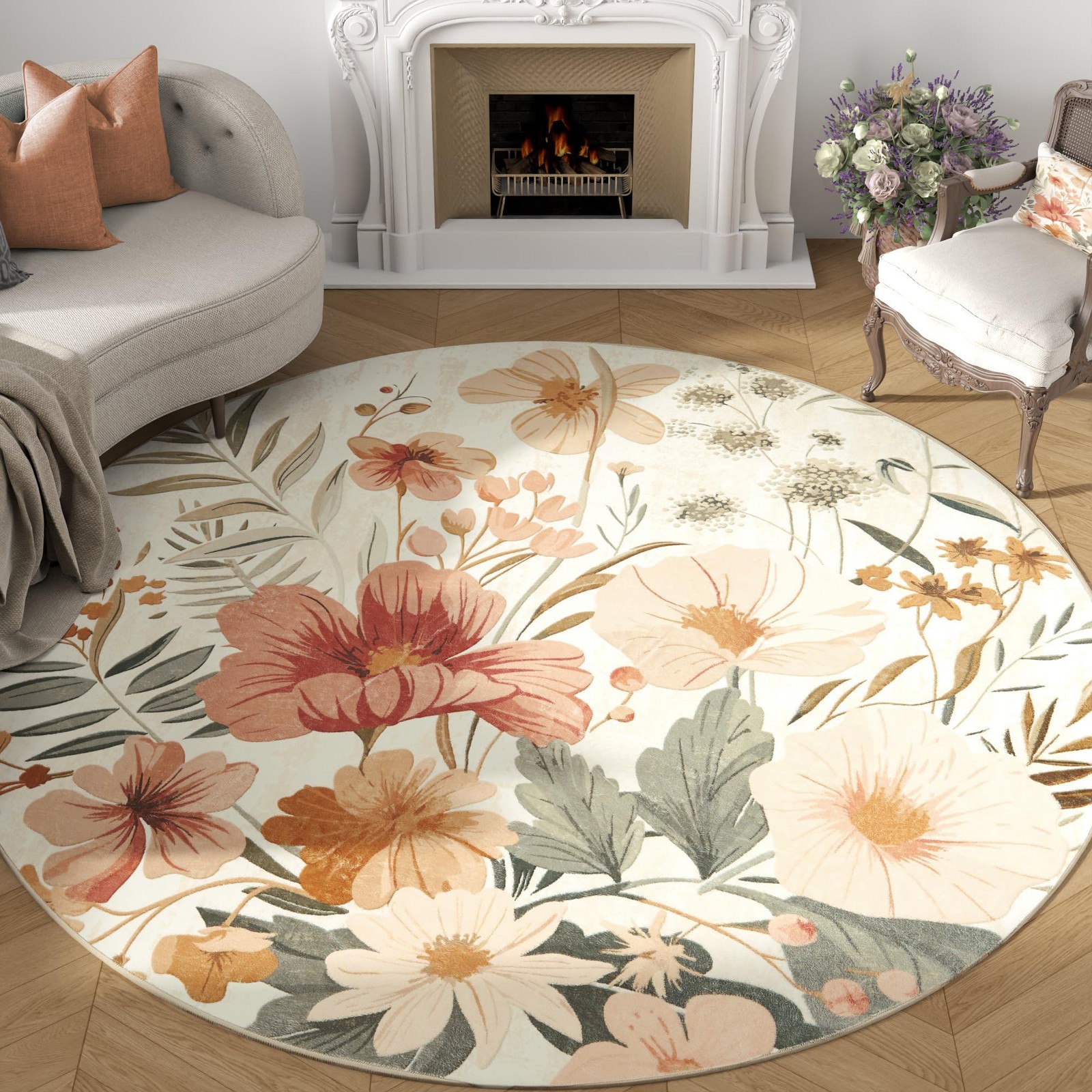 Floral Round Area Rug, 7ft Pink Grey, Washable Non Slip