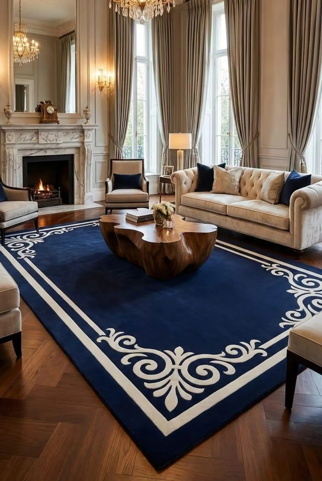 Hand Tufted Blue Border Rug Classic Area Rug Luxury Hand Tufted, Living Room Rug