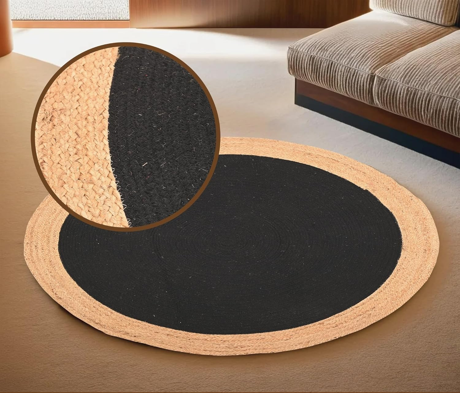 Hand Braided Jute Round Natural and Black Color Reversible Bedroom Guestroom Rug