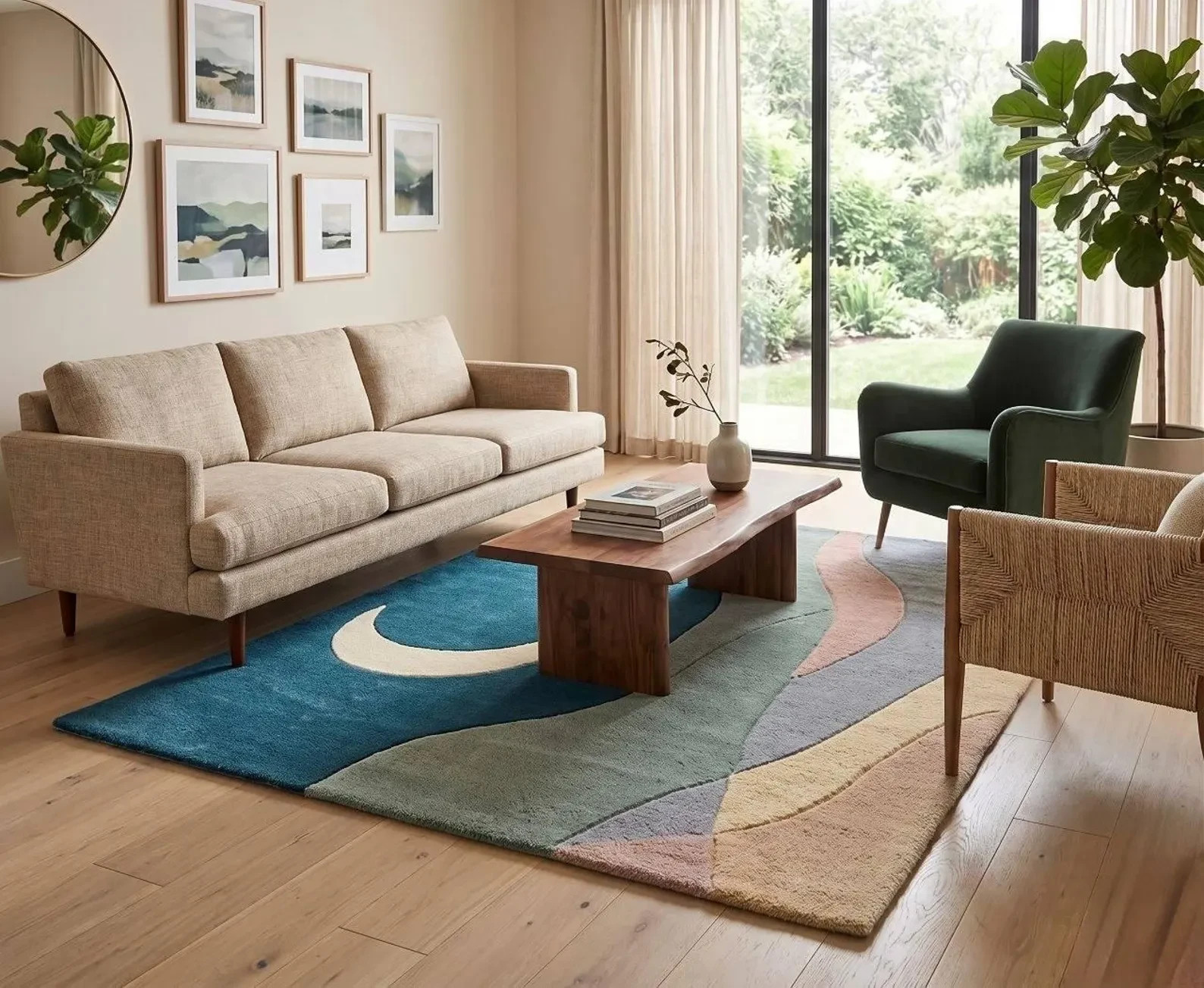 Hand Tufted Wool Rug: Celestial Moon Mountain Landscape Area Carpet Design Rug