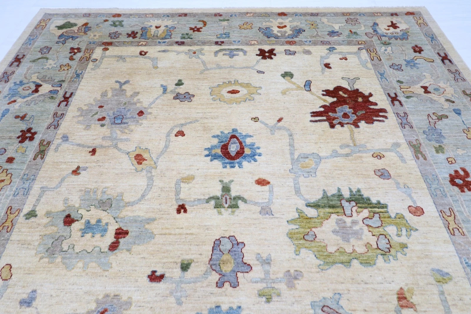 Hand Knotted Oushak Wool Rug Cream Ivory Pastel Floral Turkish Area Carpet 8×10
