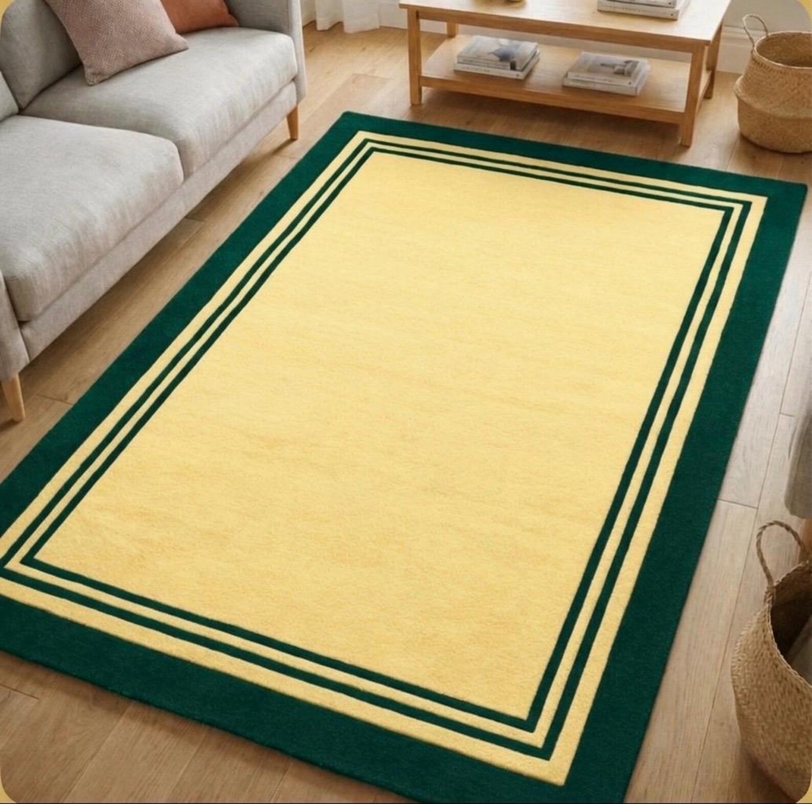 Hand Tufted Wool Rug Forest Green, Pale Yellow Bordered Carpet Modern Minimalist
