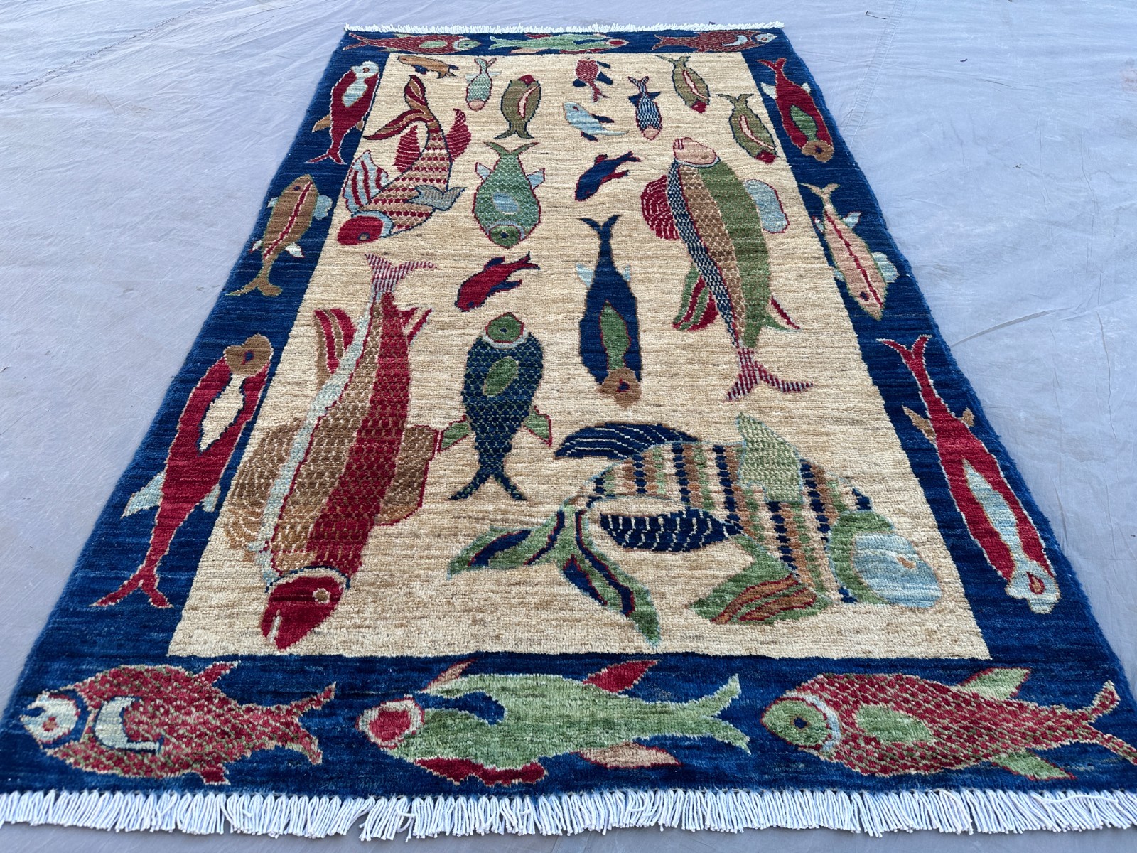 3×5 Afghan Fish Rug Hand Knotted Wool Oriental Oushak Pictorial Ocean Decor