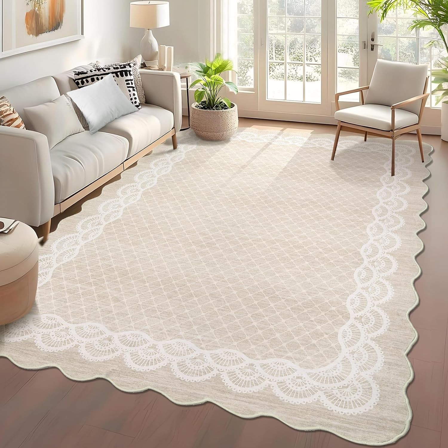 Scalloped Geometric Trellis Washable Area Rug Non Slip Living Bedroom Nursery