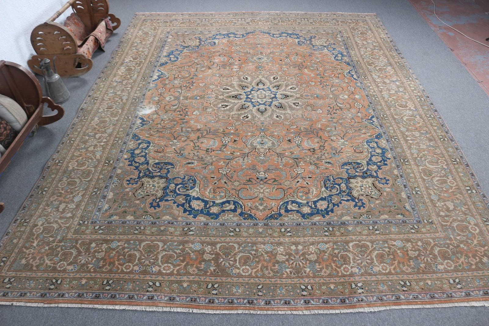 9,5×12,1 ft Vintage Rug, Turkish Oversize Rug, Blue Moroccan Wool Rug