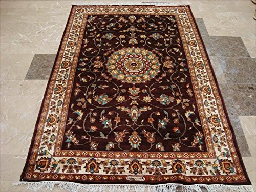 Area Rug Love Dark Mehroon Red Floral Hand Knotted Wool Silk Home Carpet (6×4)’