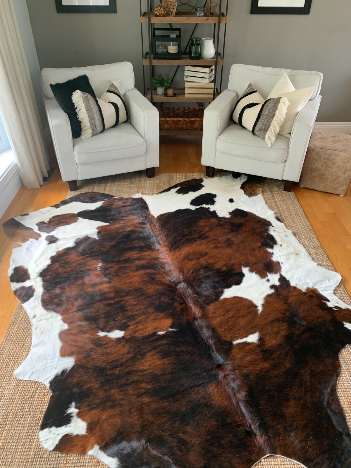 Tricolor Cow Hide Skin Leather Rug – Average Size 7X6 feet – New Cowhide Rug