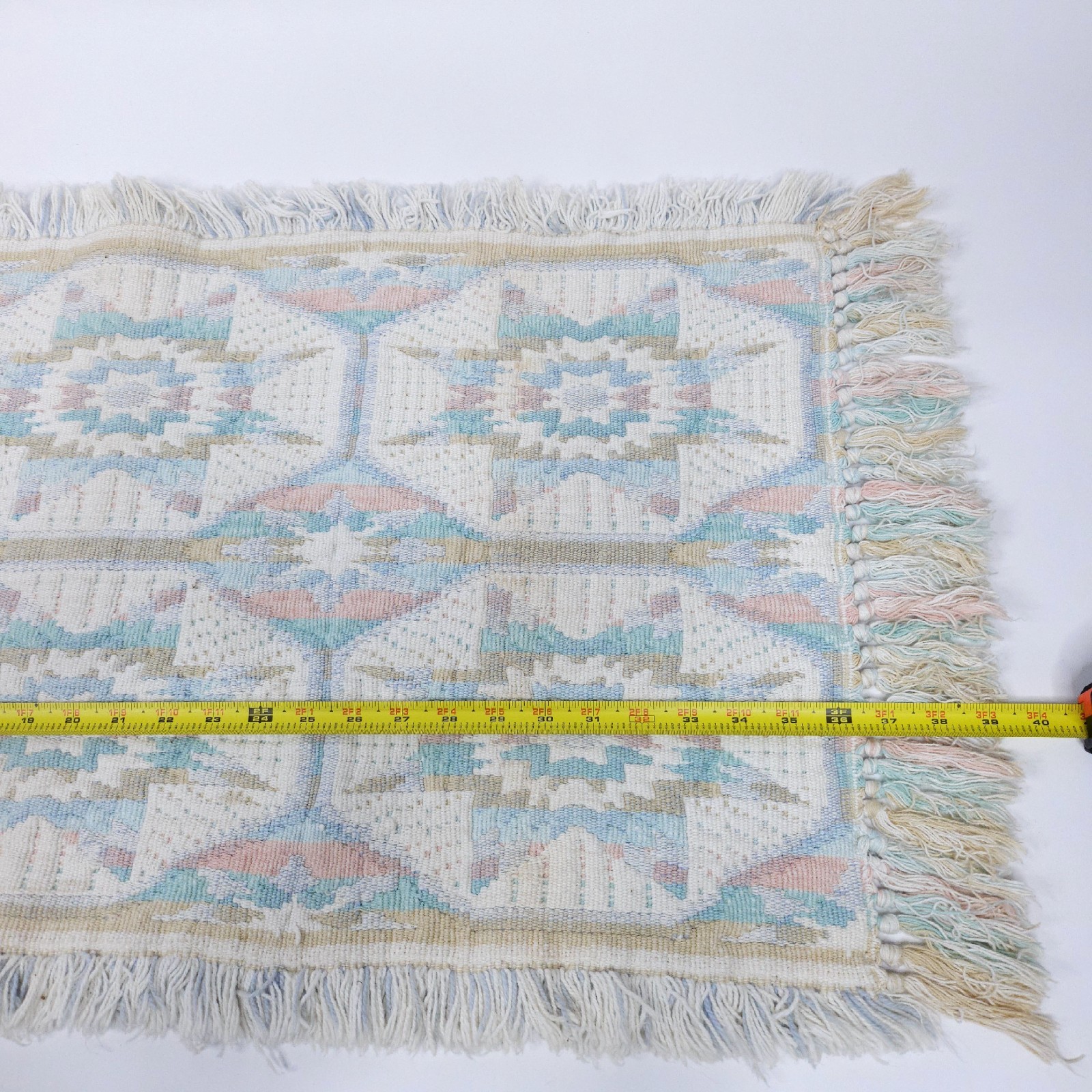 Hand Woven Southwestern Boho Rug Star Geometric Fringe Multicolor Pastel Cotton