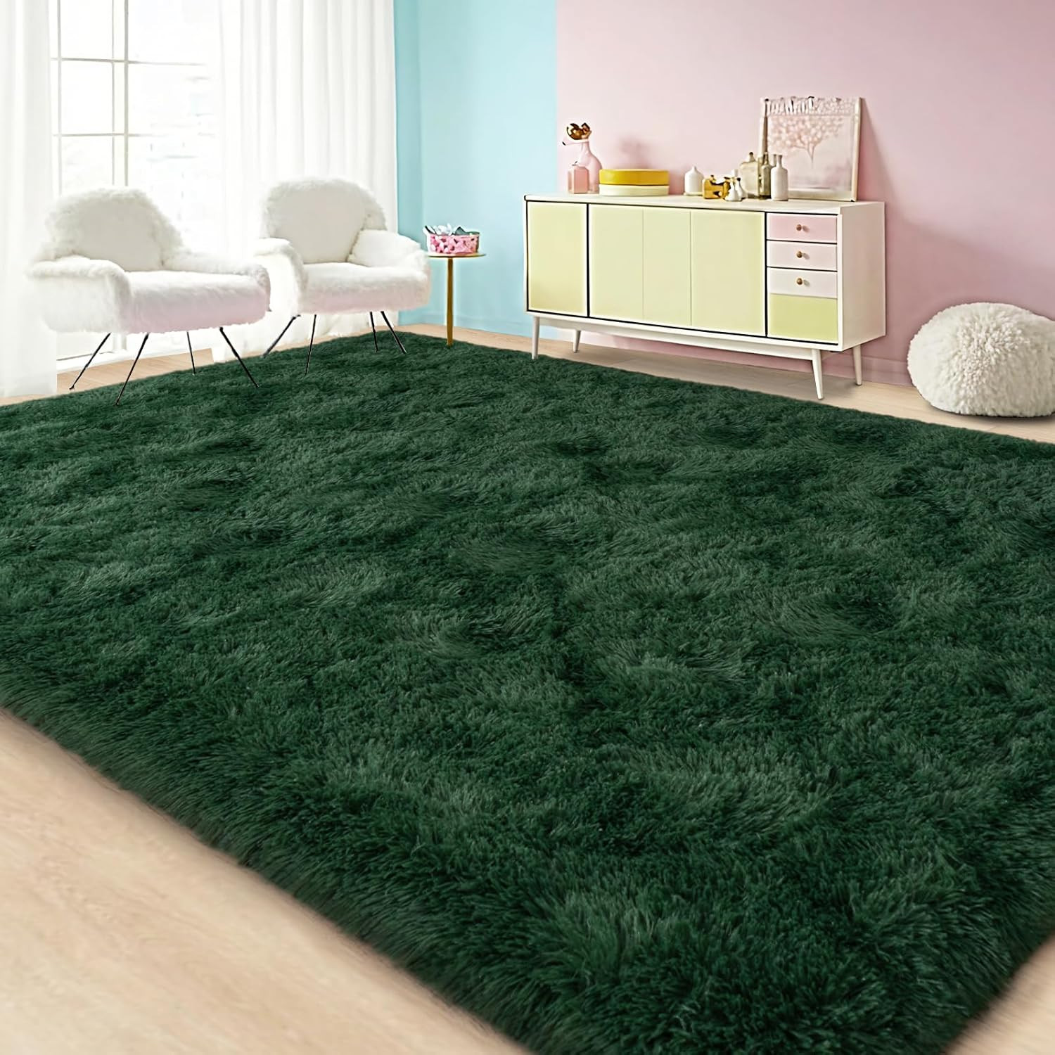 Large Area Rugs for Living Room Bedroom, 4X6 Feet Dark Green Fluffy Shag Rugs, U