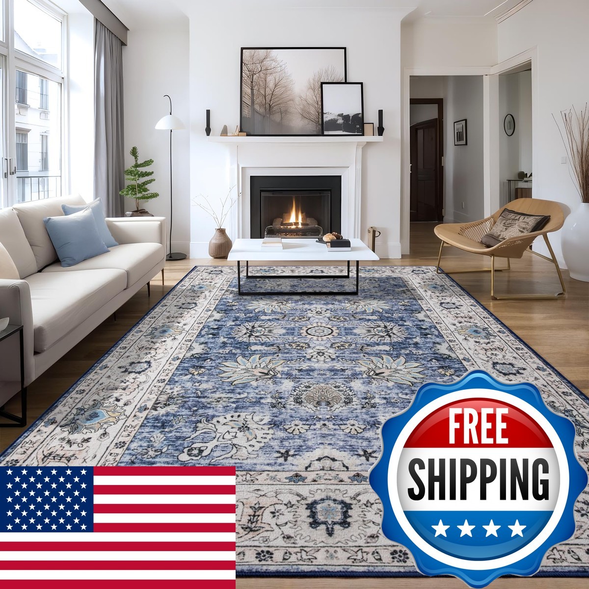 ULTSOFE 8×10 Blue Living Room Rug Washable Non Slip Vintage Oriental Floral