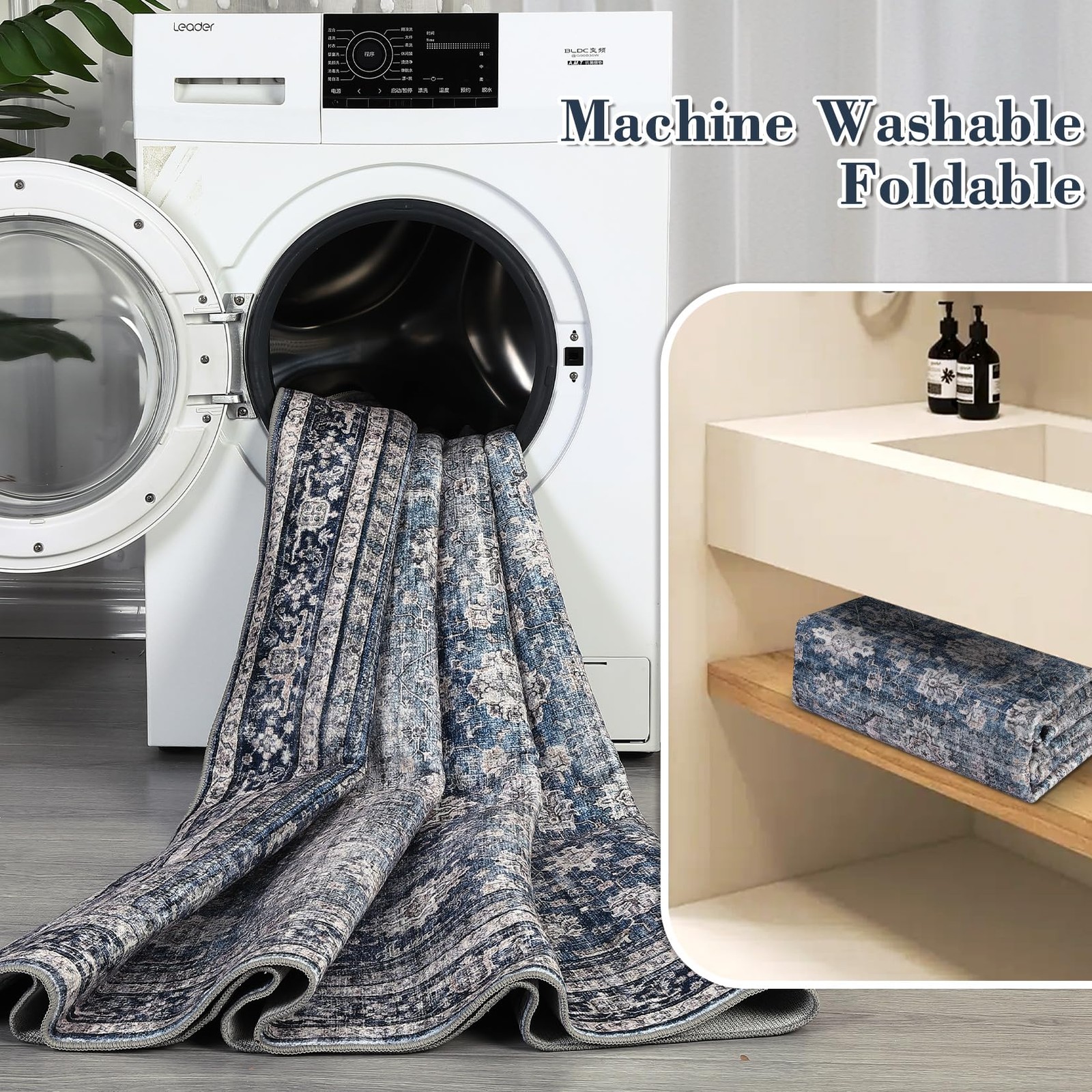 5×7 Vintage Floral Area Rug Washable Low Pile Non-Slip Rug for Living Room Blue